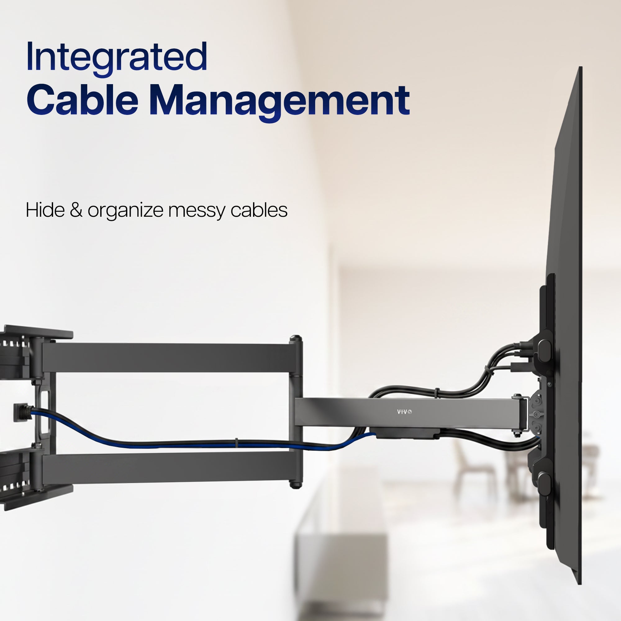 TV mounted on a wall with integrated cable management system