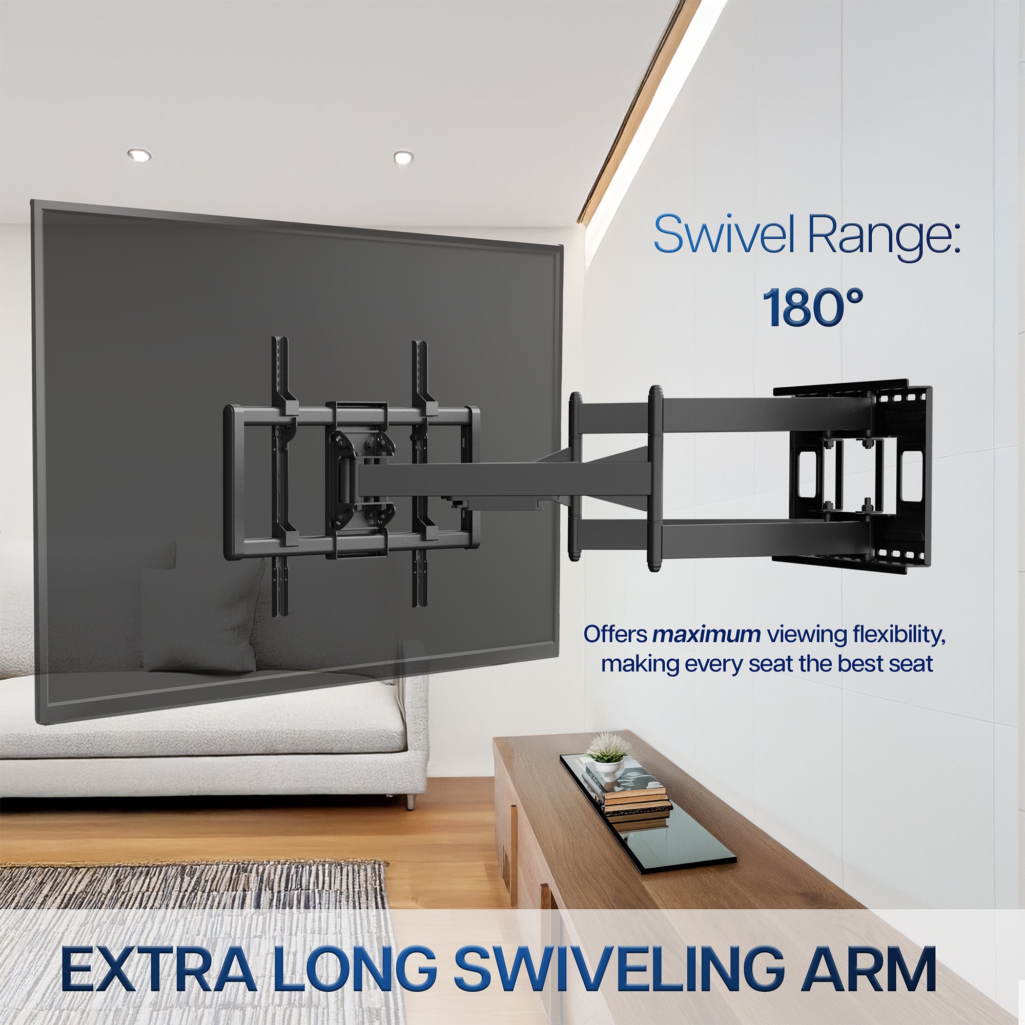 TV wall mount with swivel range of 180° in a living room setting