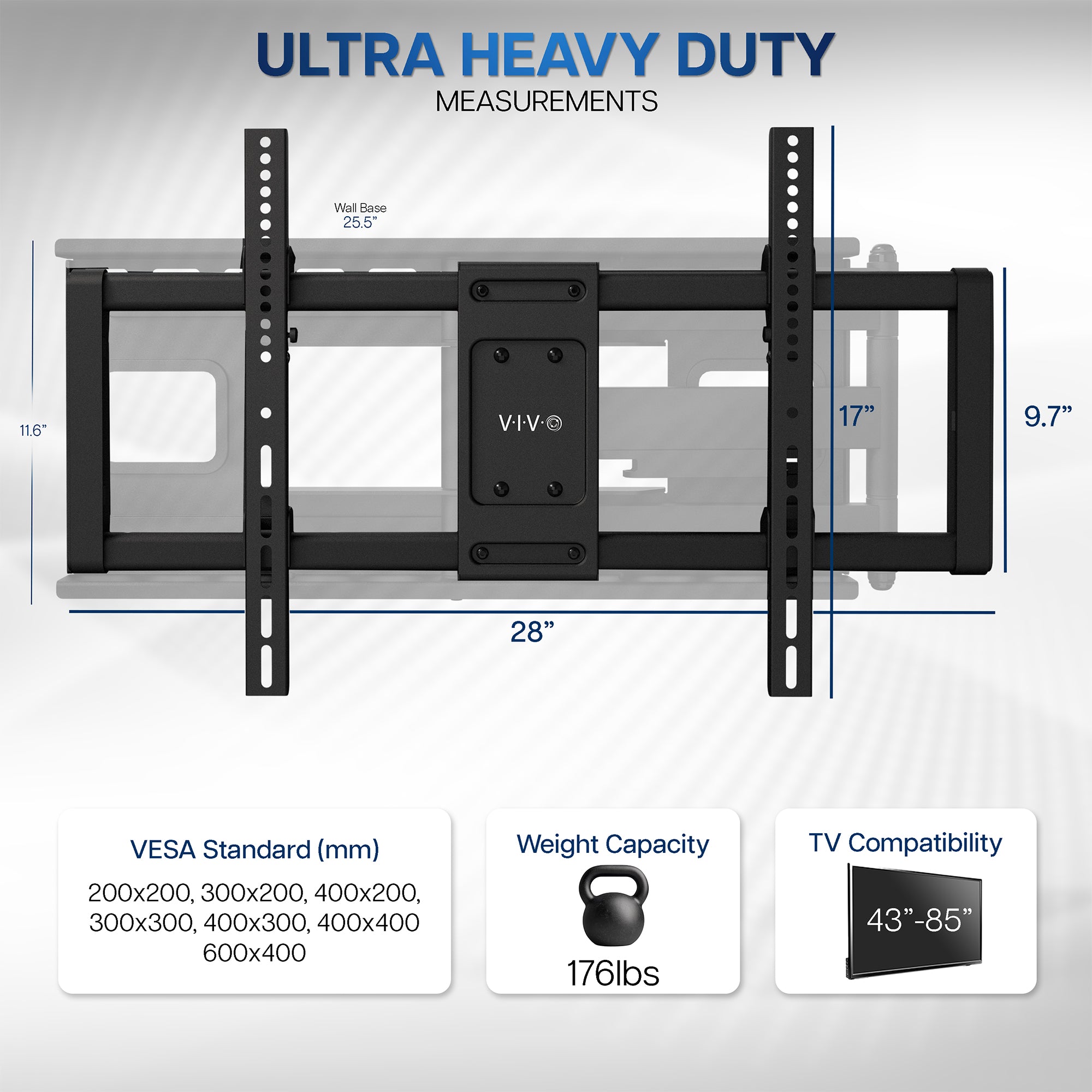TV wall mount with dimensions and specifications on a gray background