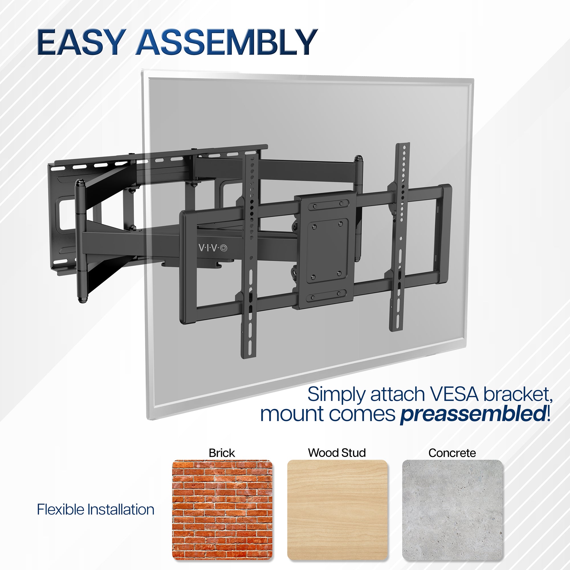 TV wall mount with a long arm on a clear background, showing assembly instructions and material compatibility.