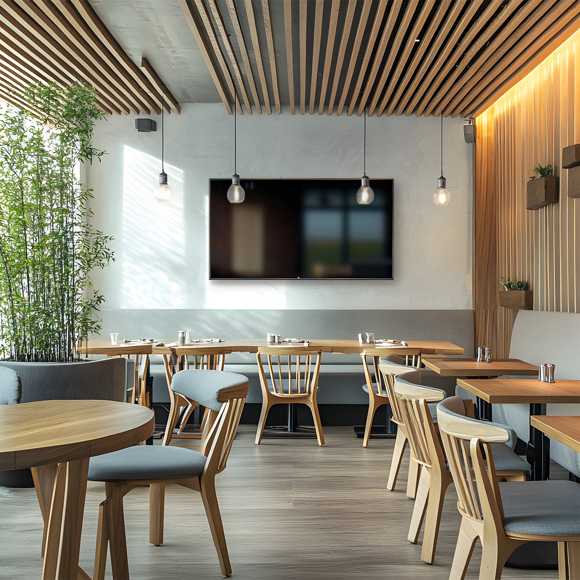 Extra large TV mount in restaurant setting.