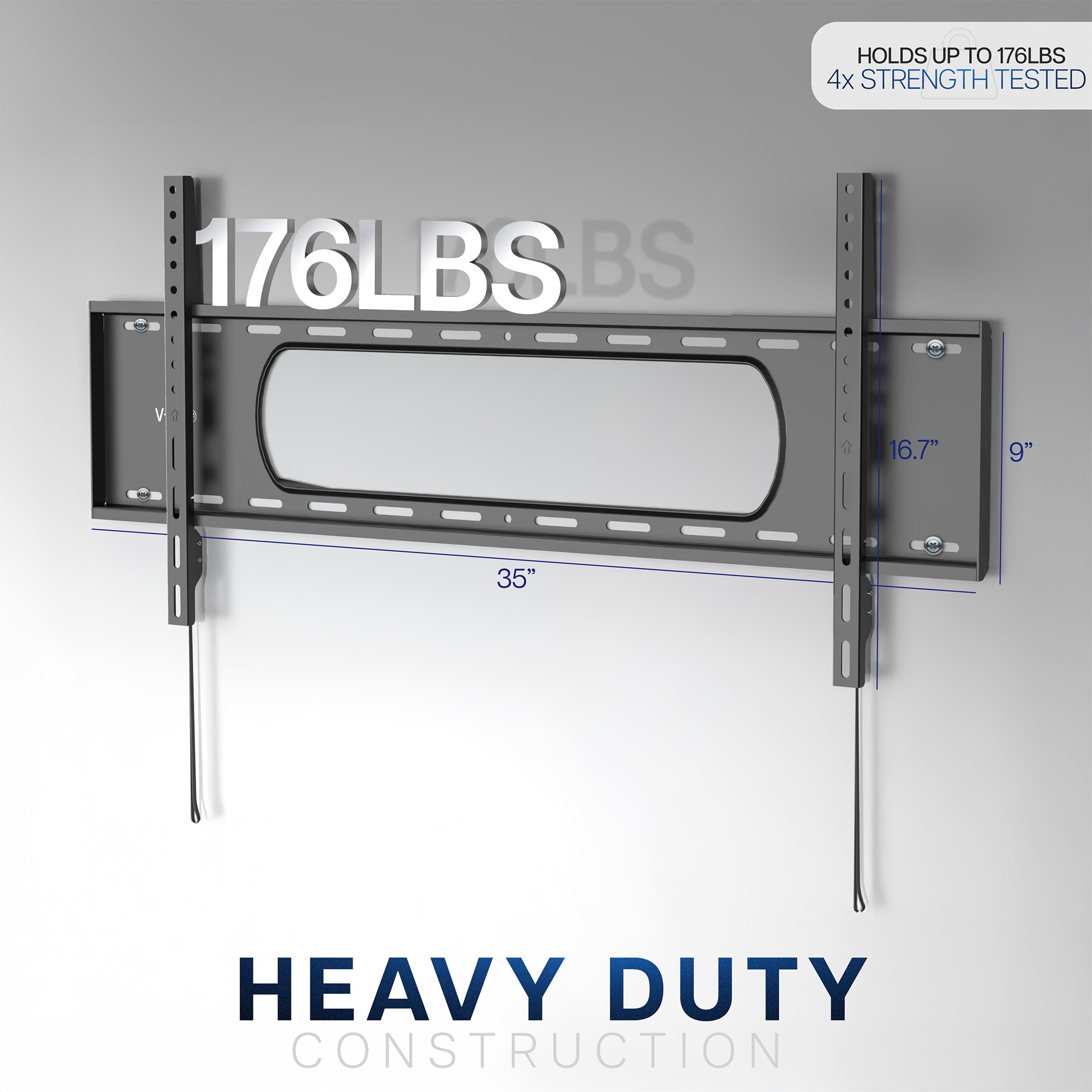 A black tilting wall mount for TVs with a visible label showing the weight capacity.