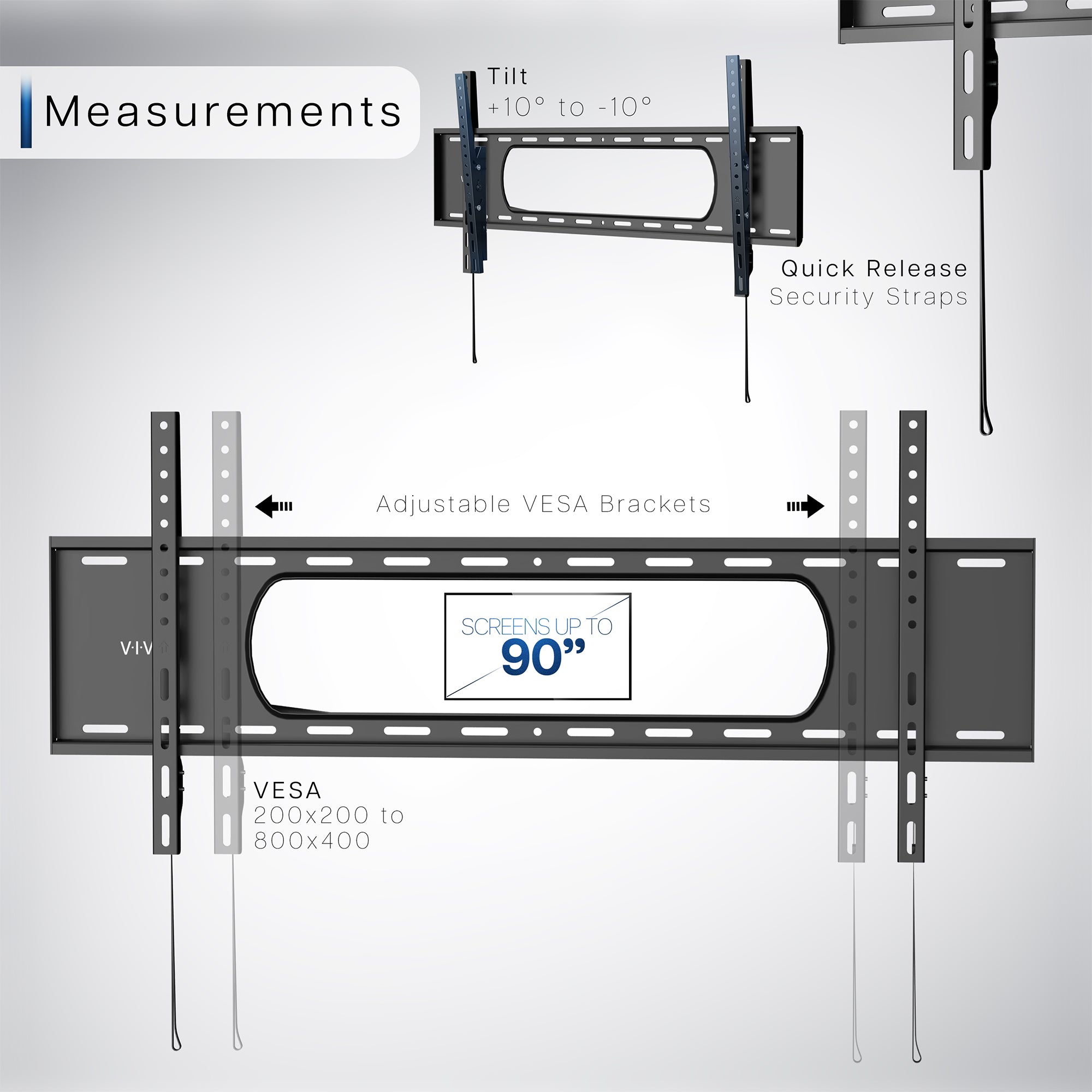 A black tilting wall mount for TVs with text displaying dimensions