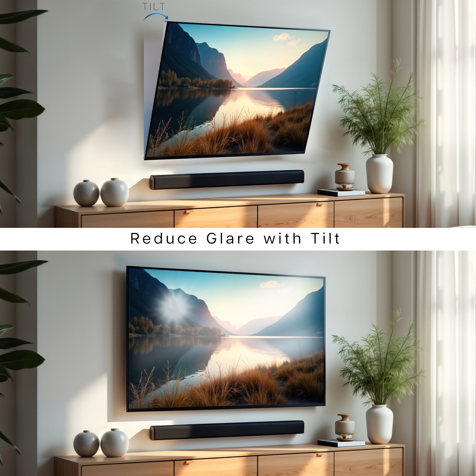 A black tilting wall mount for TVs displaying reduction in glare on the screen.