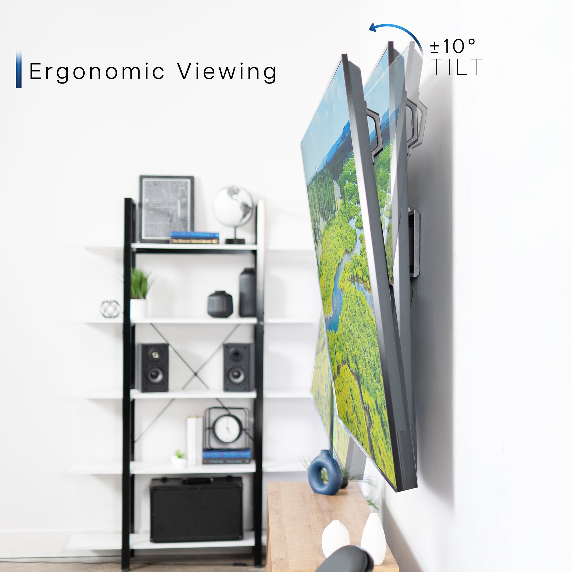 A black tilting wall mount for TVs with a visible label showing the ergonomic viewing options.