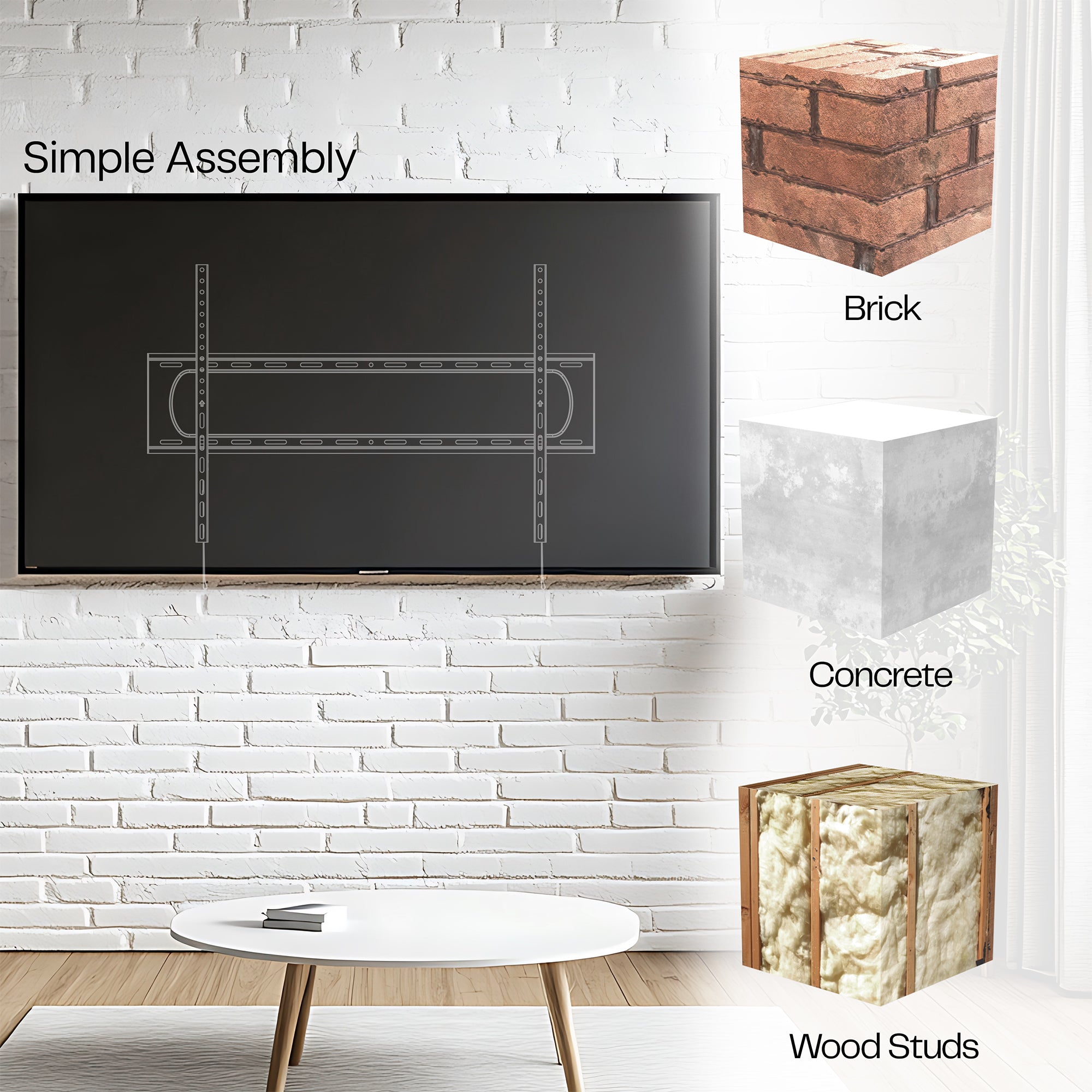 A black TV wall mount with various mounting surface options.