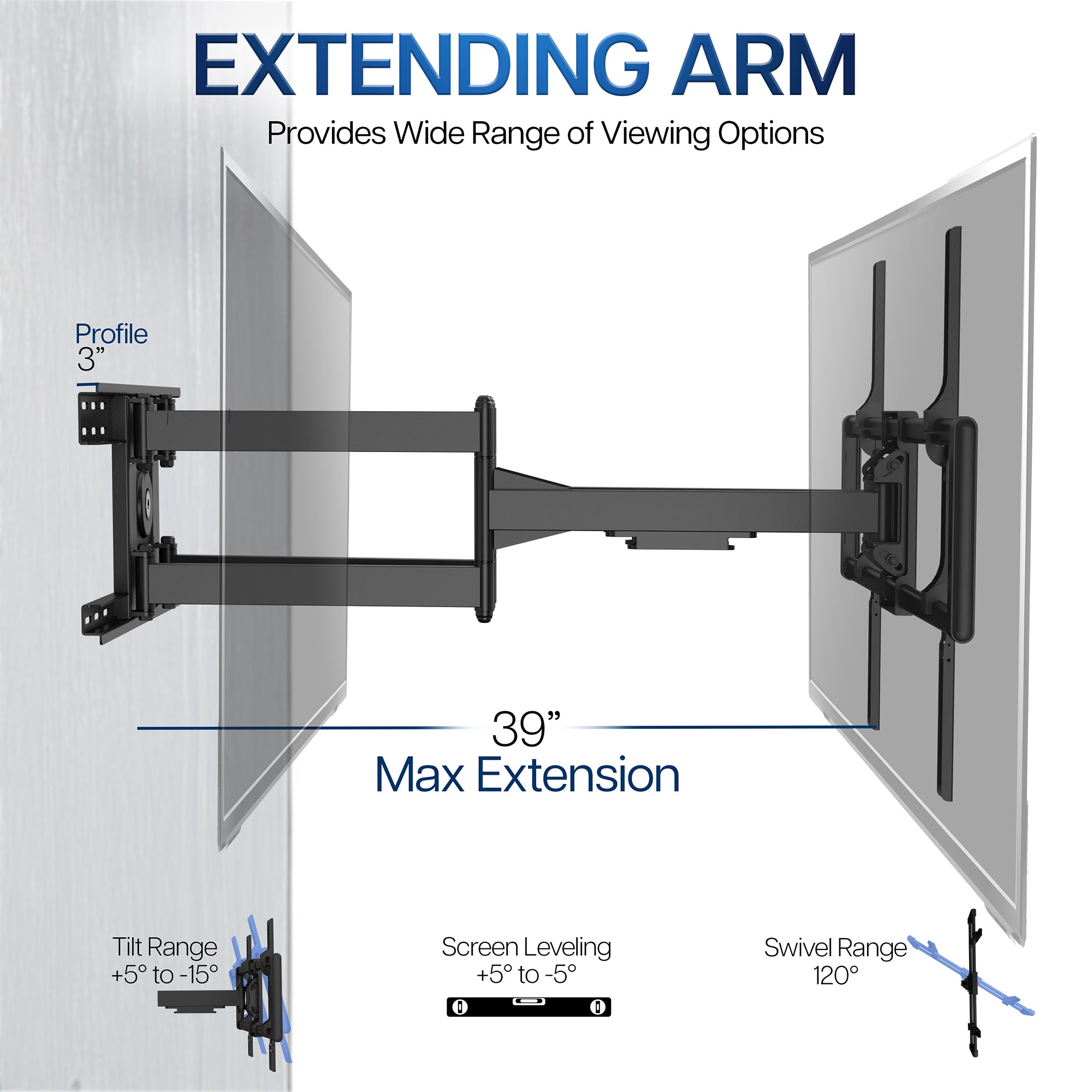Extension arm providing a wide range of viewing options. Profile 3" - 39"