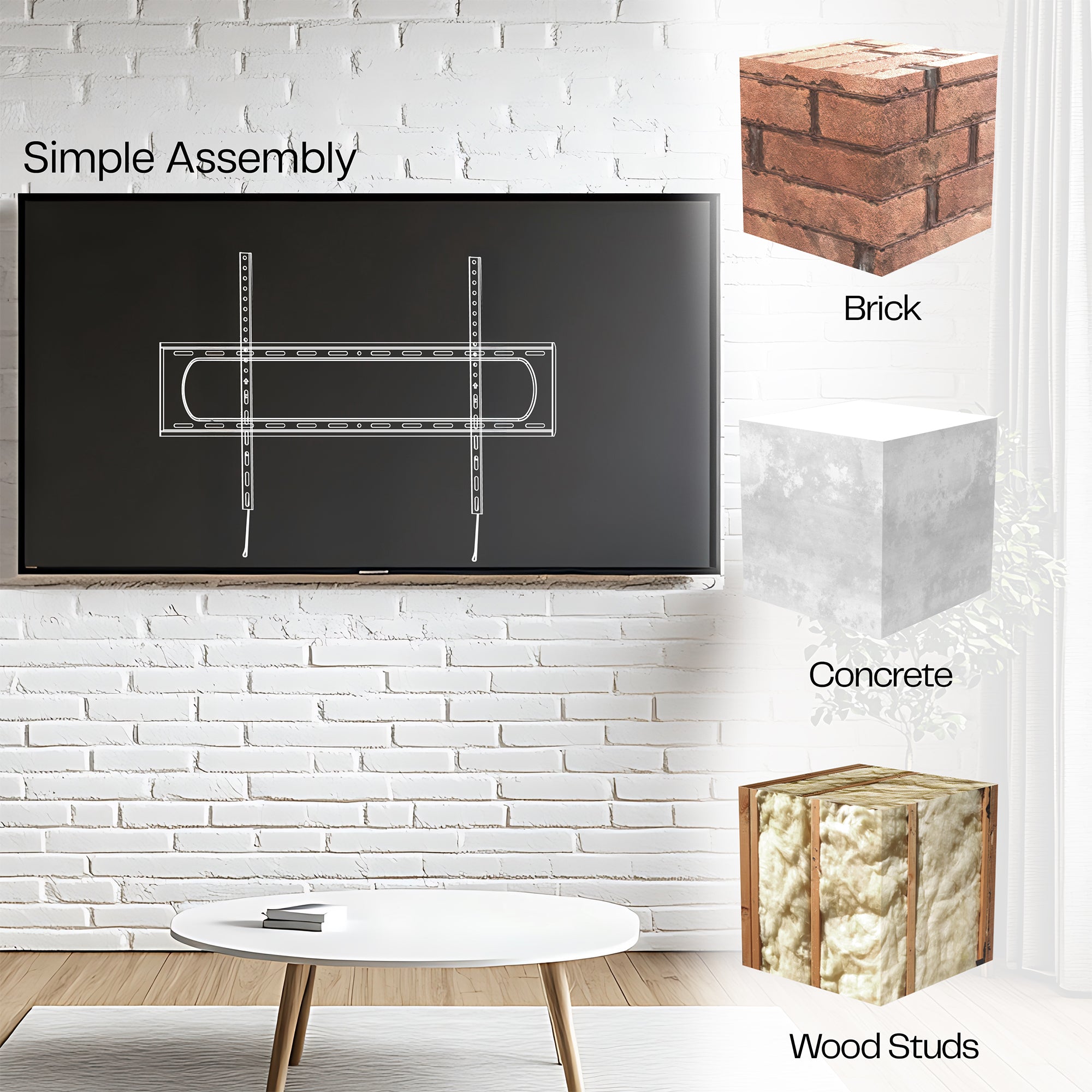 A black heavy duty tilting TV wall mount with graphics showing different mounting surfaces.