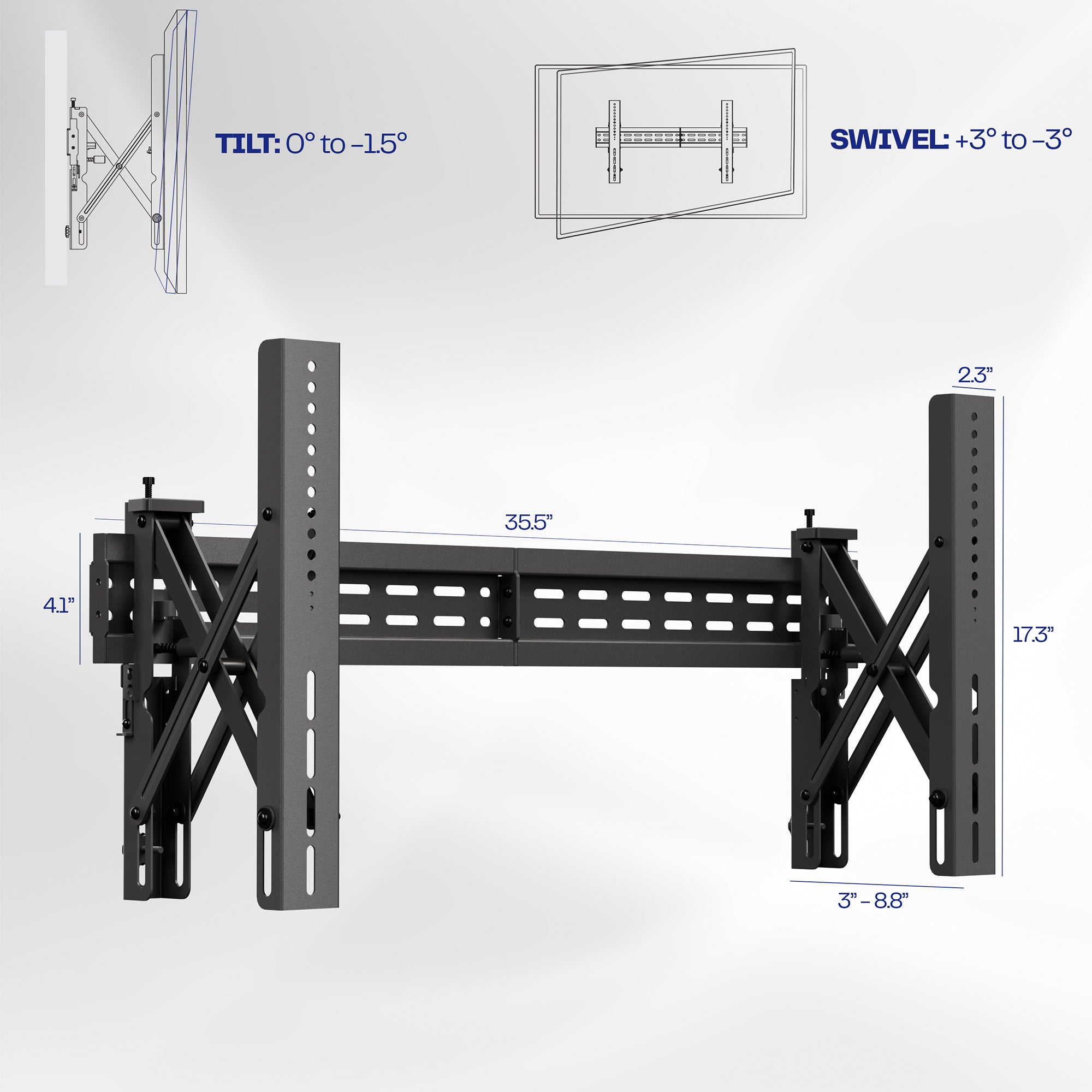 A black VESA wall mount showing a sturdy landscape-oriented design with multiple holes for adjustment.