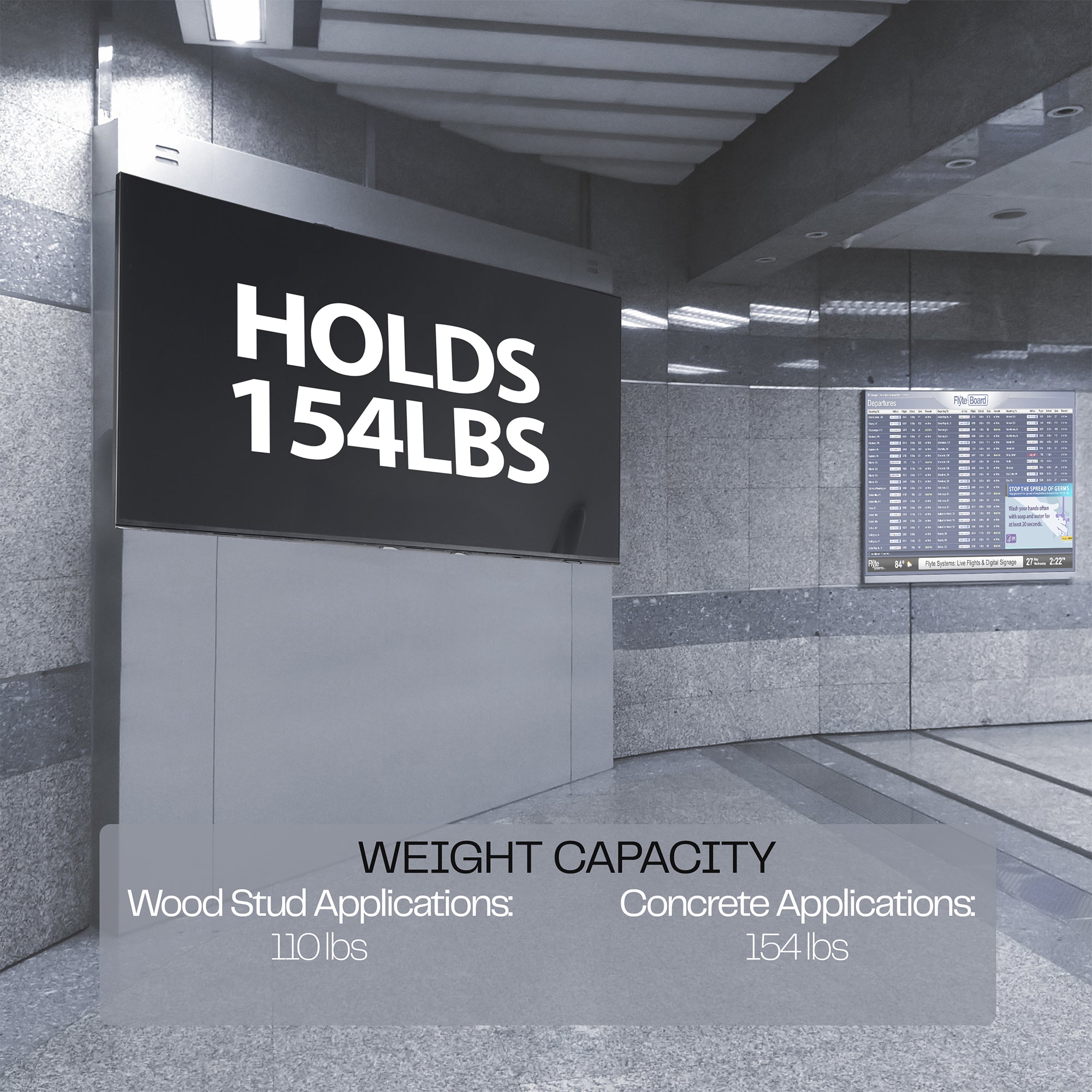 A black VESA wall mount showing TV weight capacity.