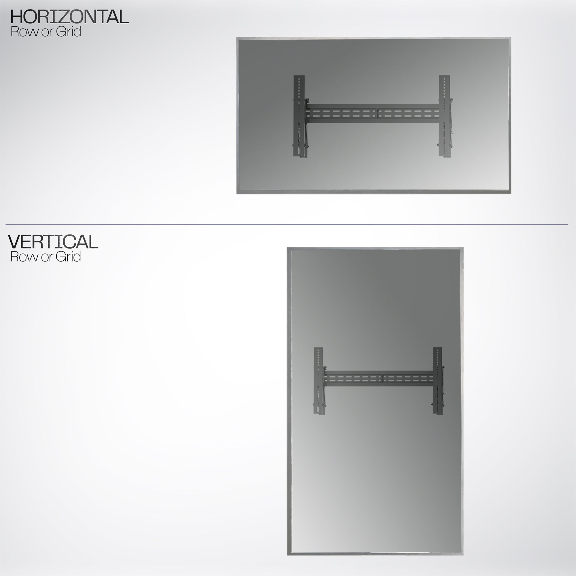 A black VESA wall mount showing a horizontal and vertical oriented design.