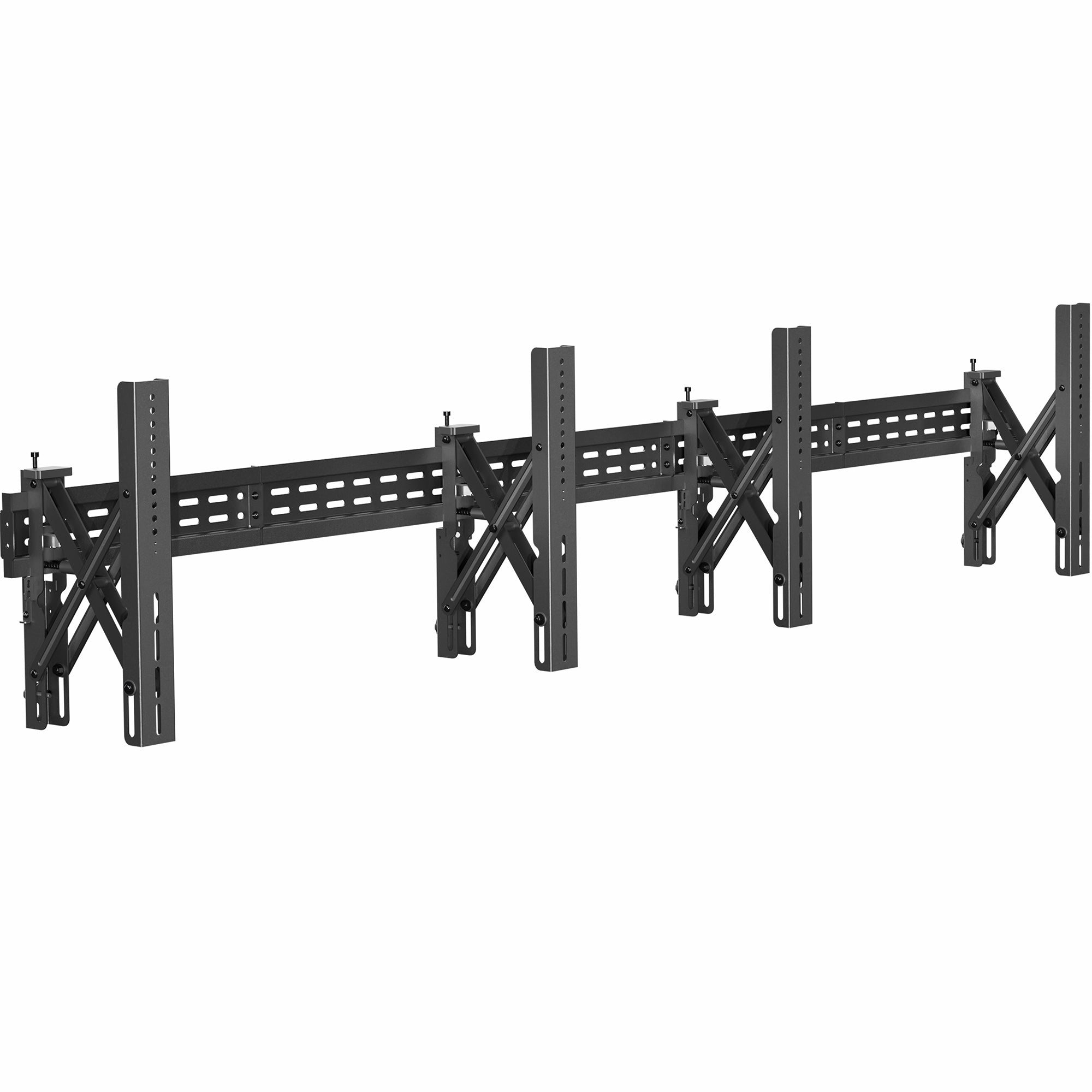 A black TV wall mount designed to hold multiple TVs in a 1x2 arrangement.