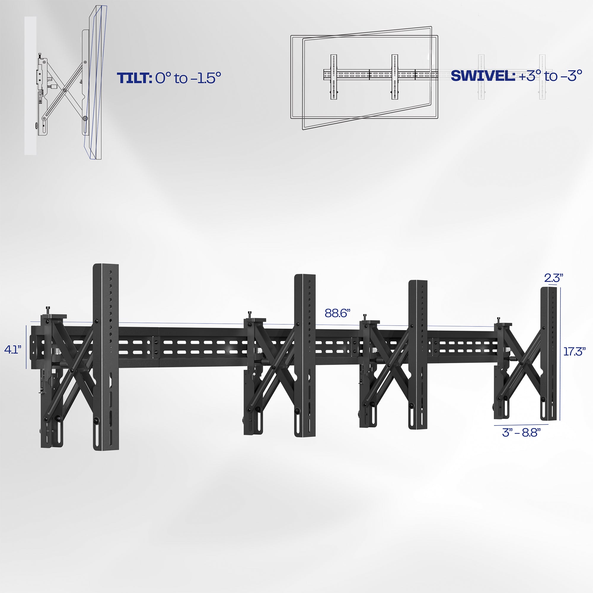 A black TV wall mount designed to hold multiple TVs with diagram showing tilt features.