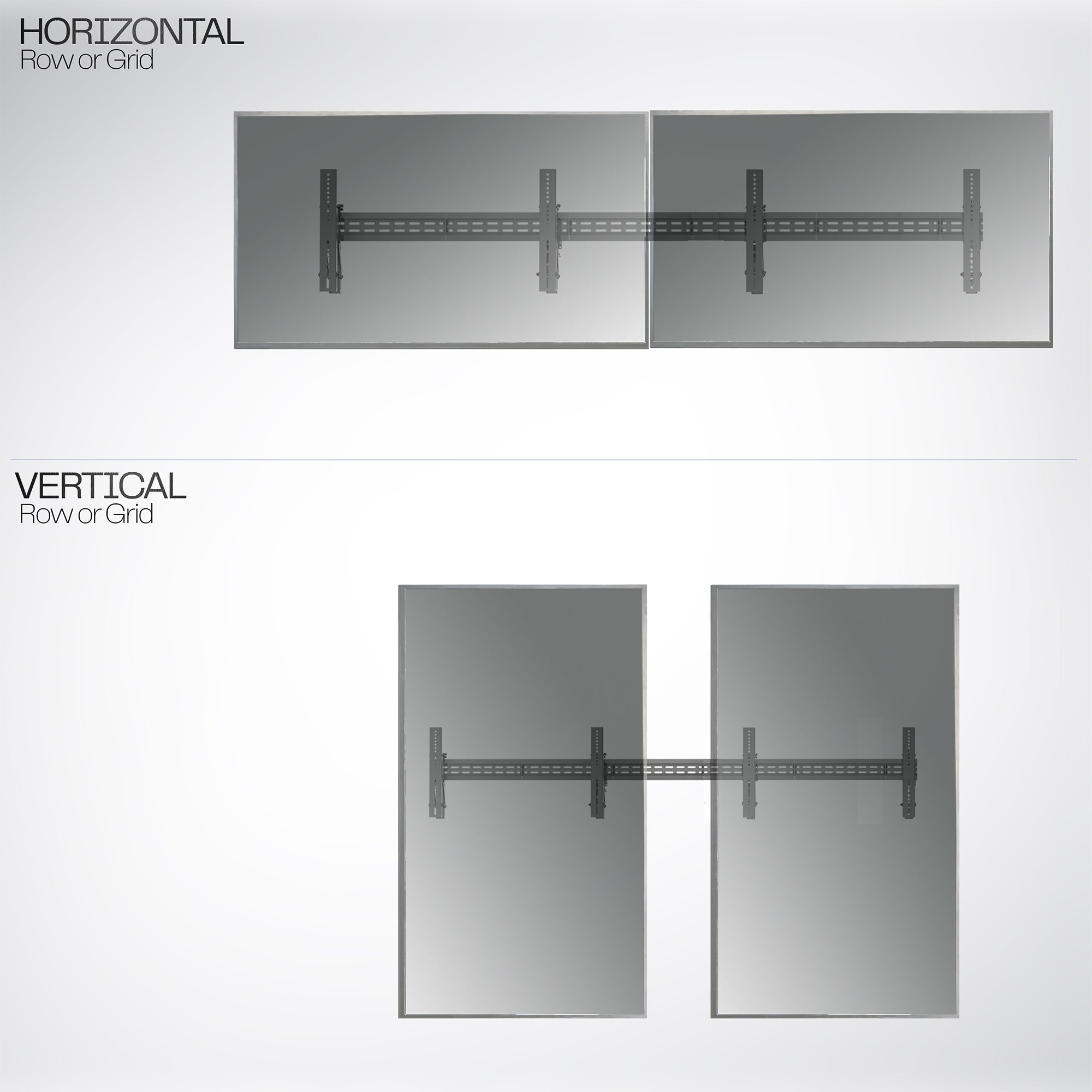 A black TV wall mount designed to hold multiple TVs horizontally and vertically.