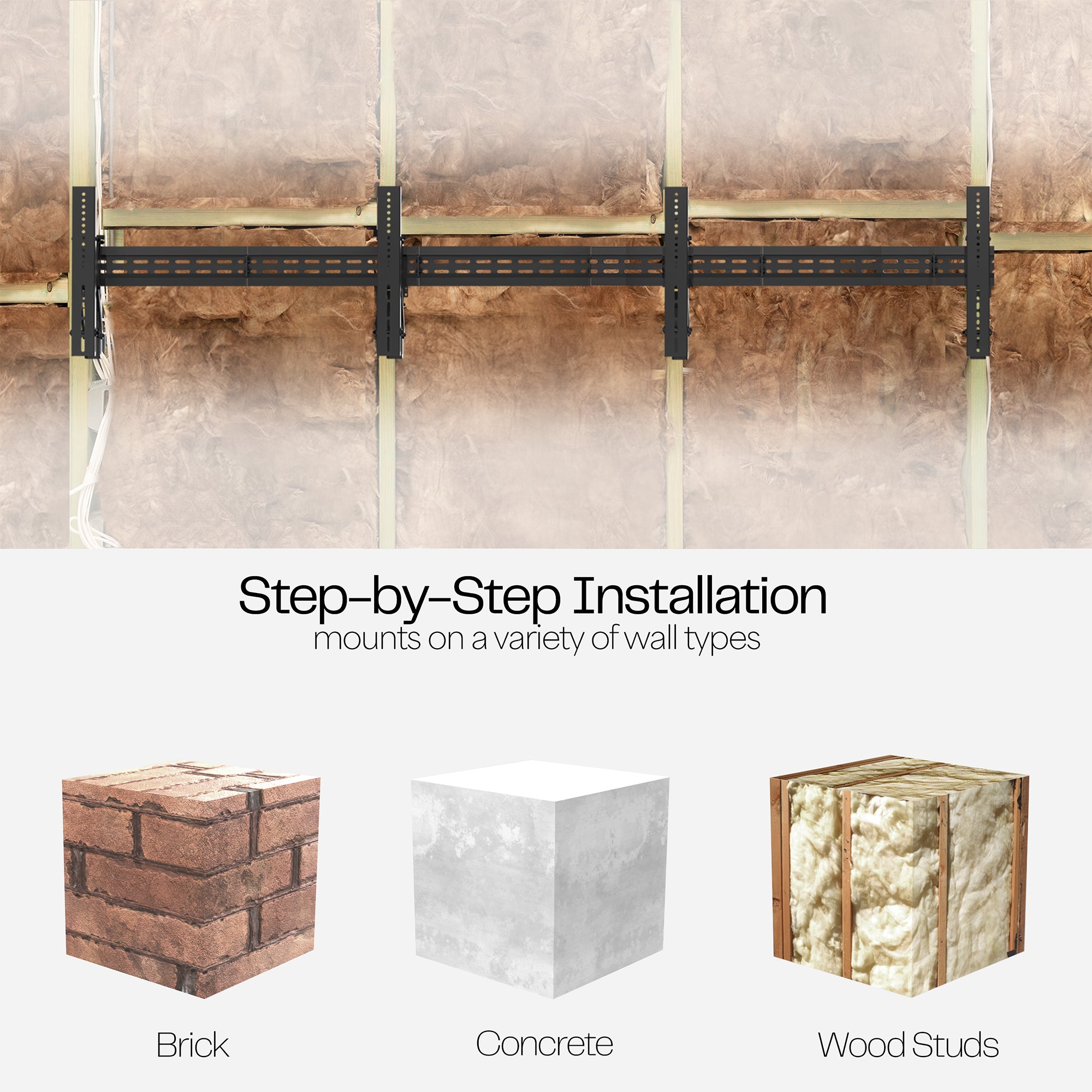 A black TV wall mount with text displaying various surface mounting options.