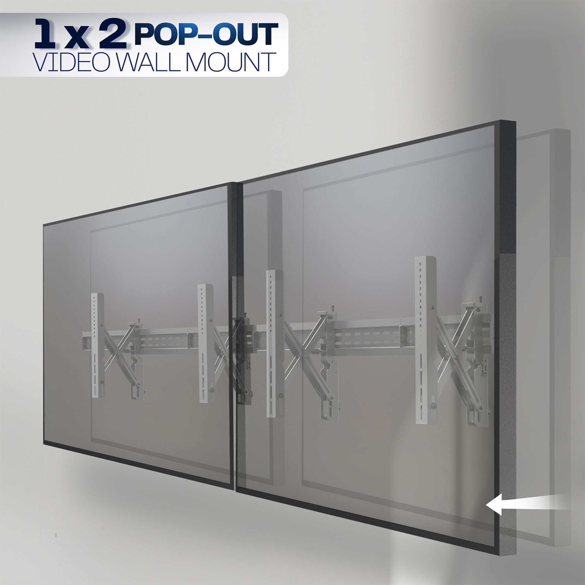A black TV wall mount designed to hold multiple TVs with a pop-out feature.