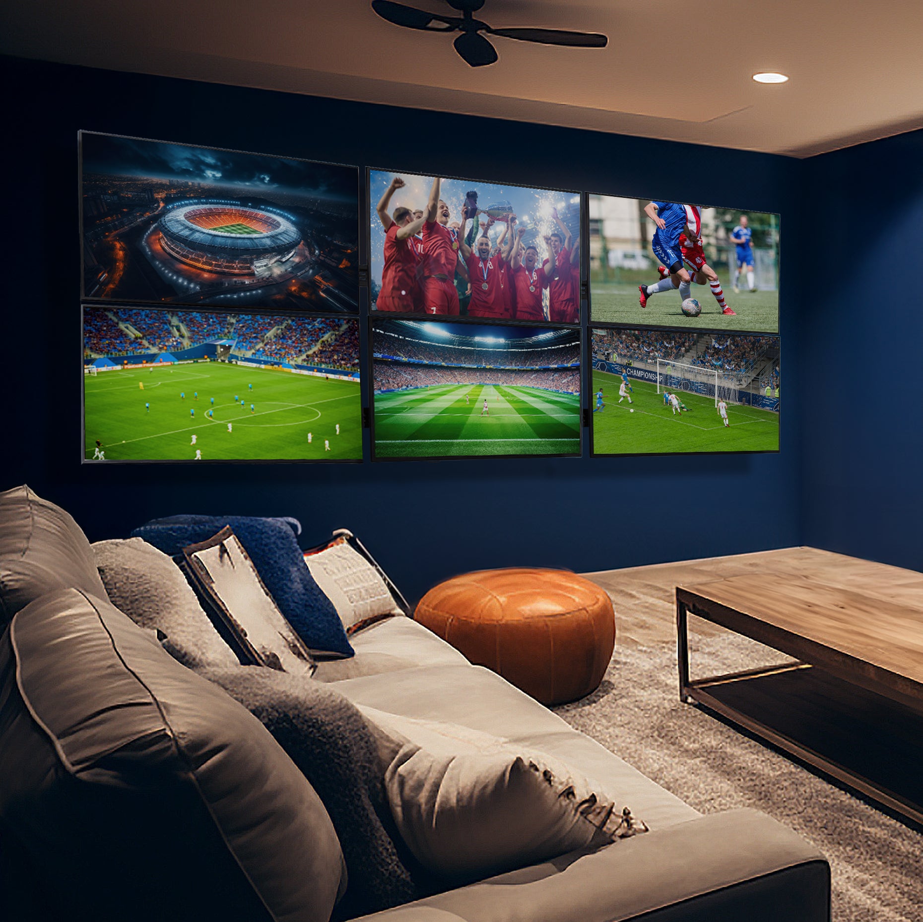 A set of black video wall mounts designed to support multiple TVs in a basement living room scene.