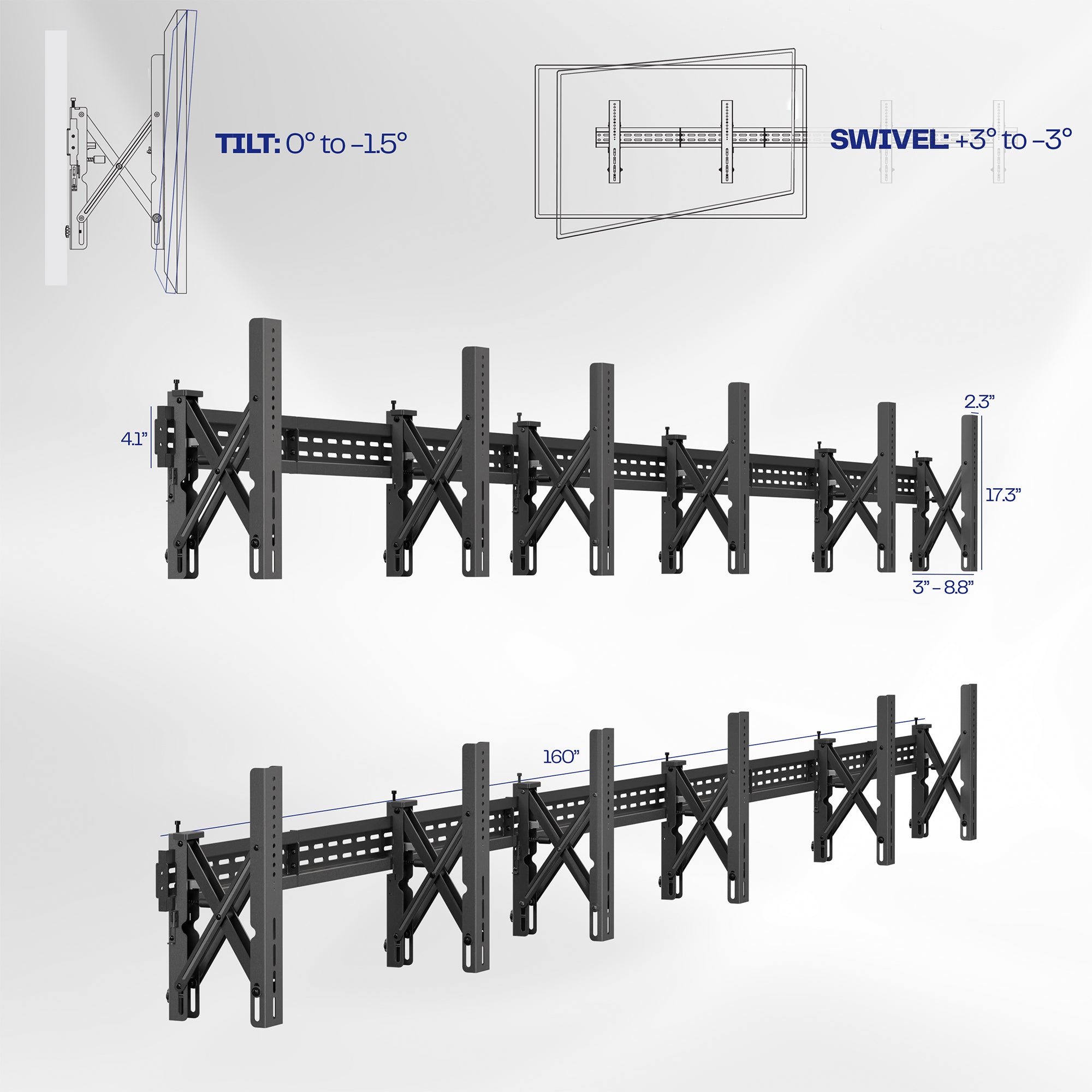 A set of black video wall mounts designed to support multiple TVs.