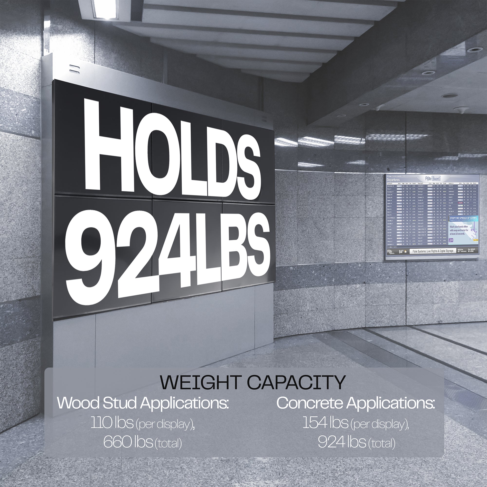 A set of black video wall mounts designed to support multiple TVs and a large weight capacity.