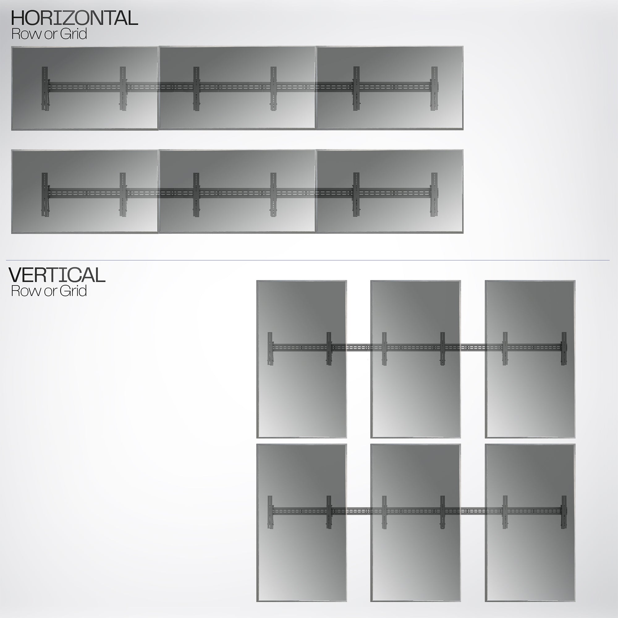 A set of black video wall mounts designed to support multiple TVs horizontally and vertically.