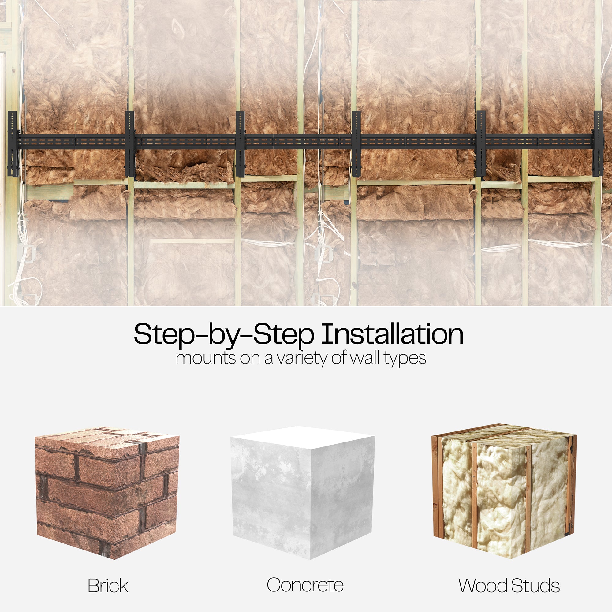 A set of black video wall mounts designed to be mounted on various surfaces.