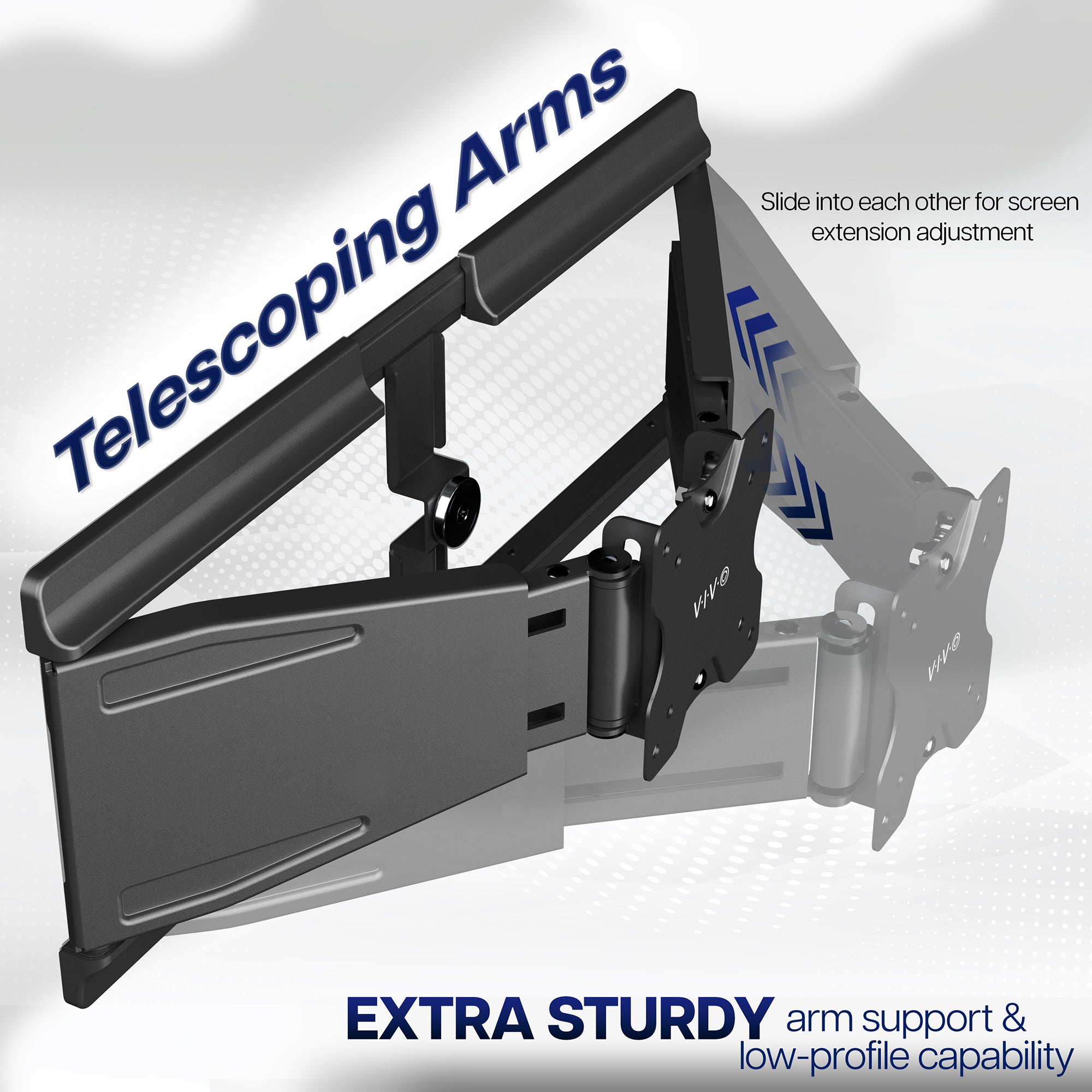 Telescoping arms for screen extension adjustment branding on a light gray background