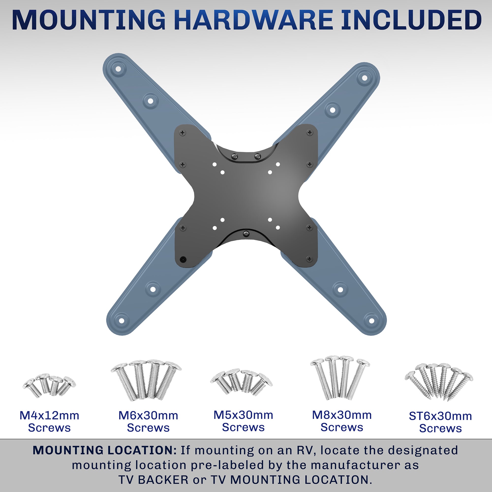 A black locking RV TV mount displaying mounting hardware.