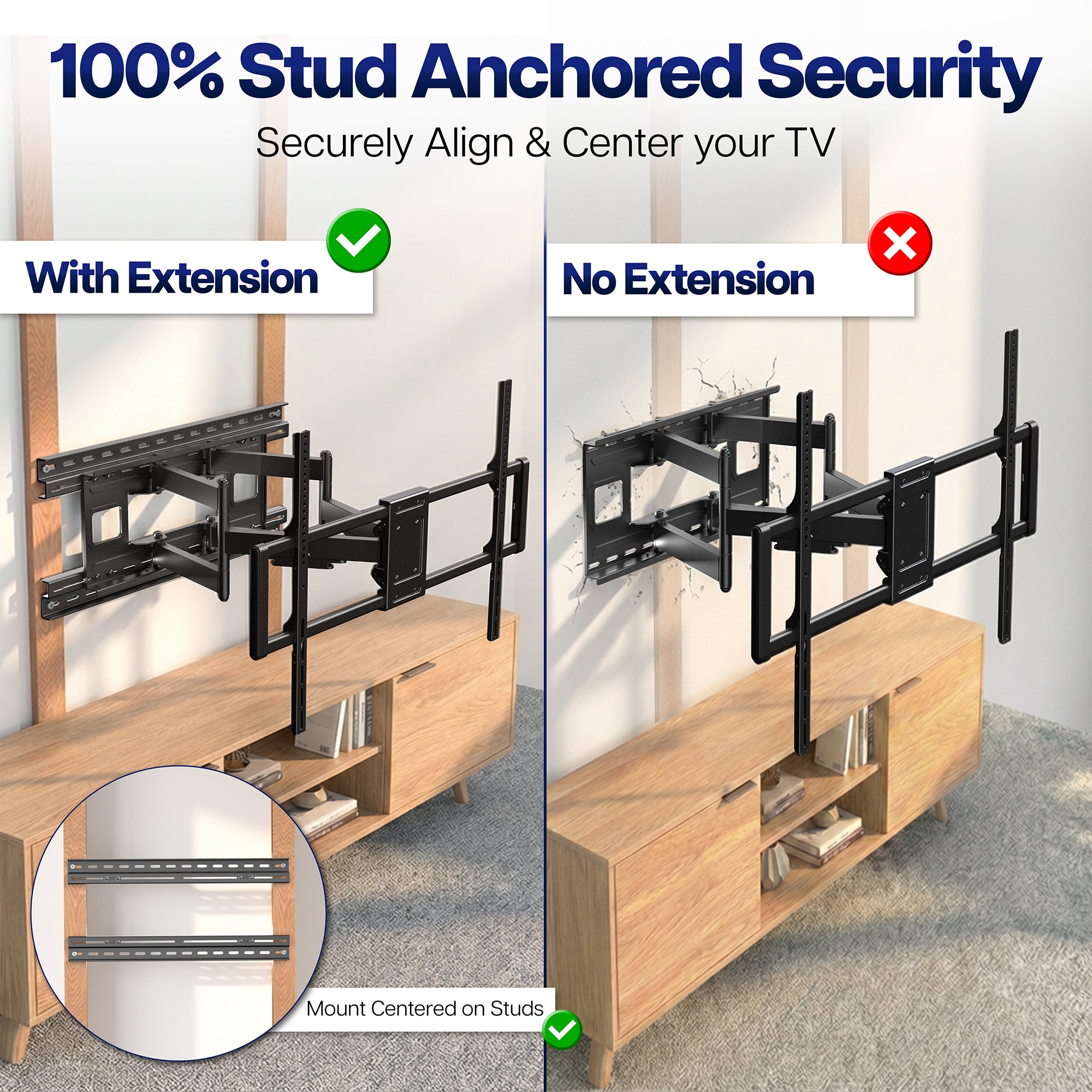Comparison of TV mount with and without Wall and Ceiling Plate Extension Brackets on a wooden entertainment console.