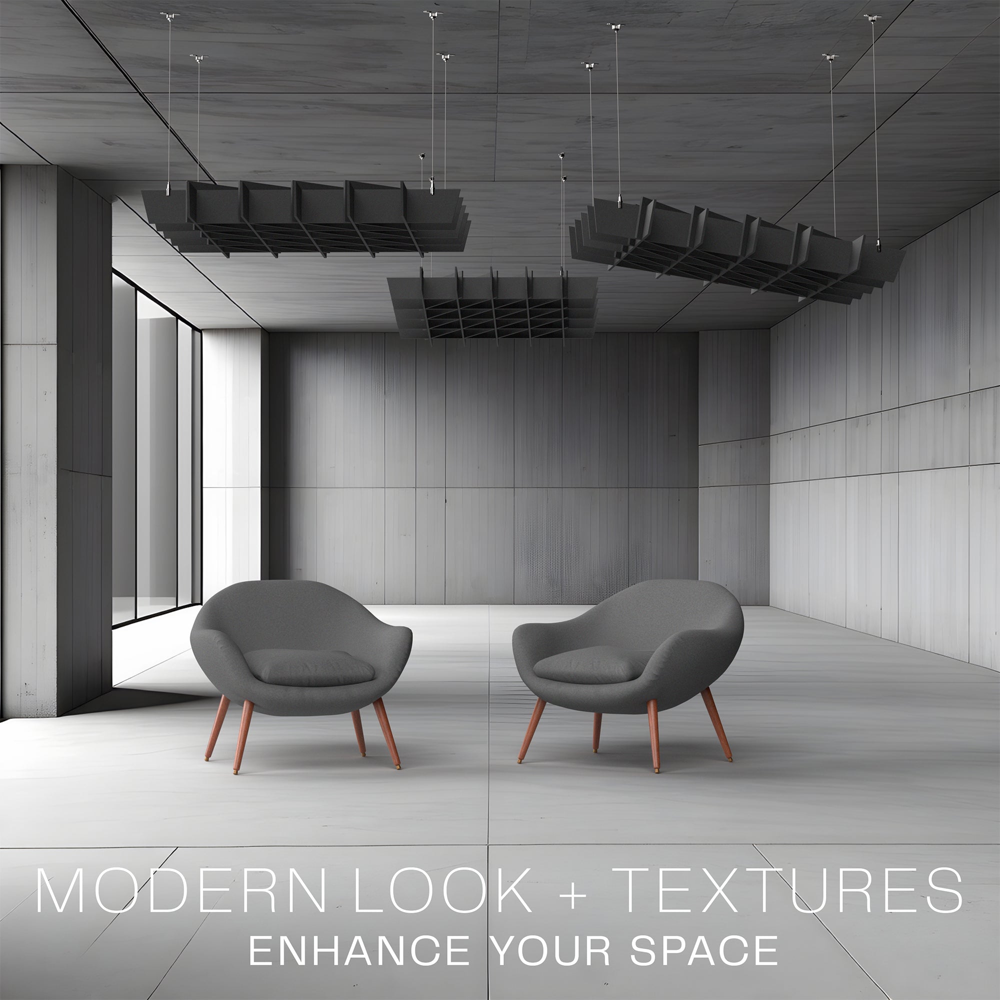 A black acoustic dual-layer ceiling waffle panel with a geometric pattern, mounted on a ceiling in a minimalist room.