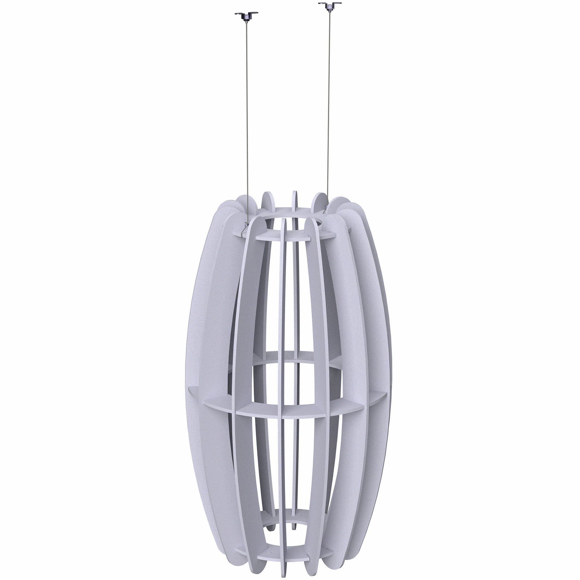 A large oval-shaped acoustic ceiling sound absorber in a light gray color, designed to be suspended from the ceiling.