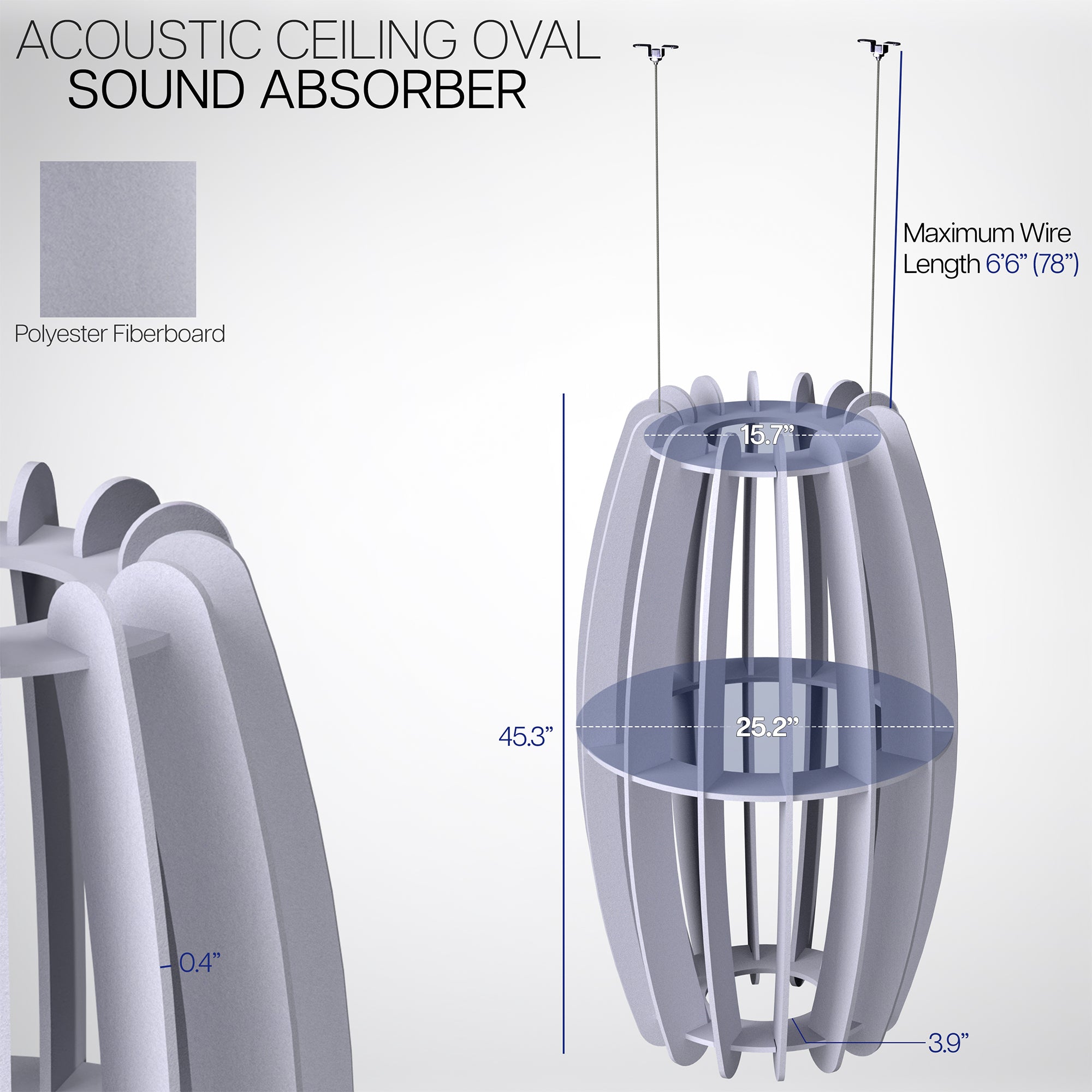 A large oval-shaped acoustic ceiling sound absorber in a light gray color, designed to be suspended from the ceiling.