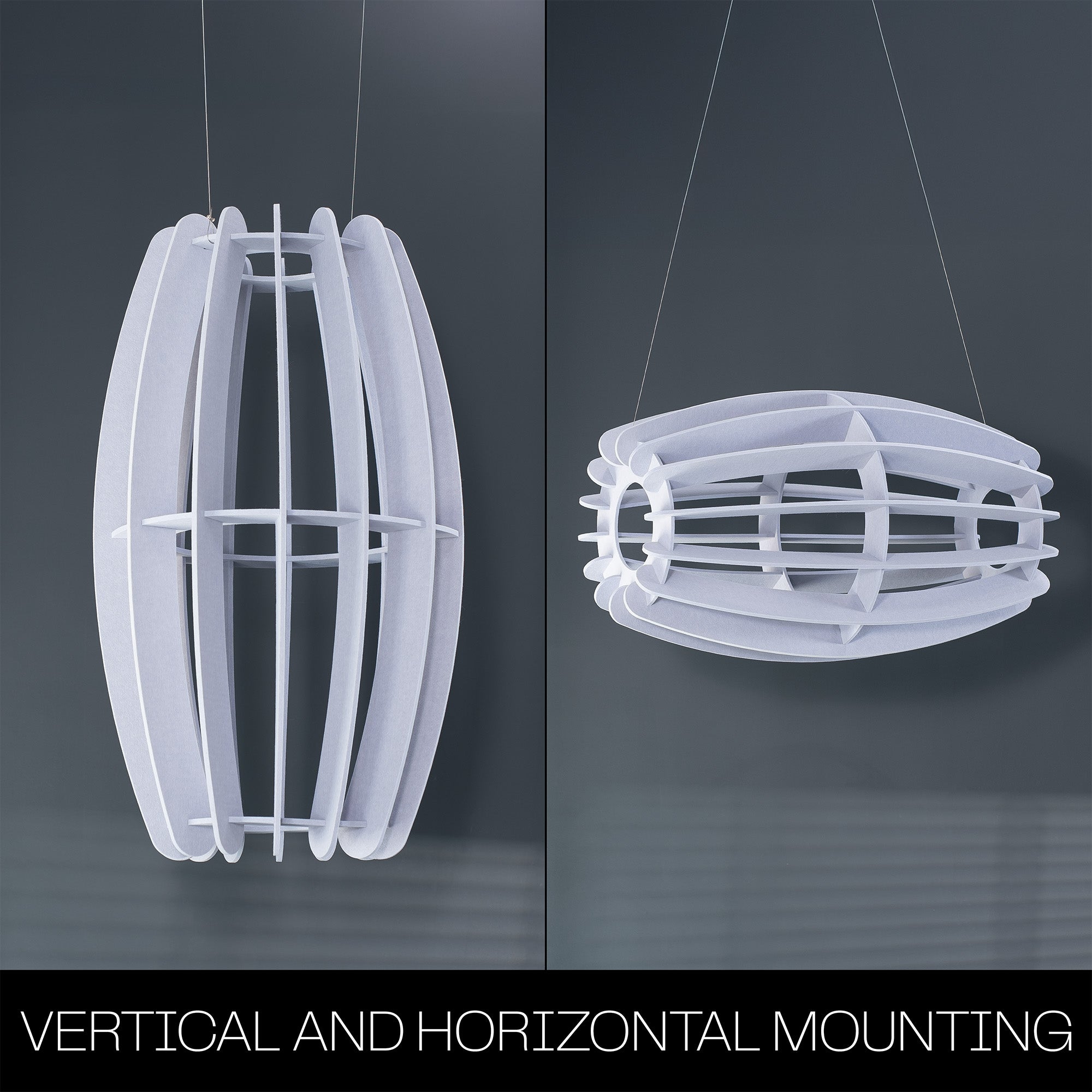 A large oval-shaped acoustic ceiling sound absorber in a light gray color that can be suspended in either a vertical or horizontal position.