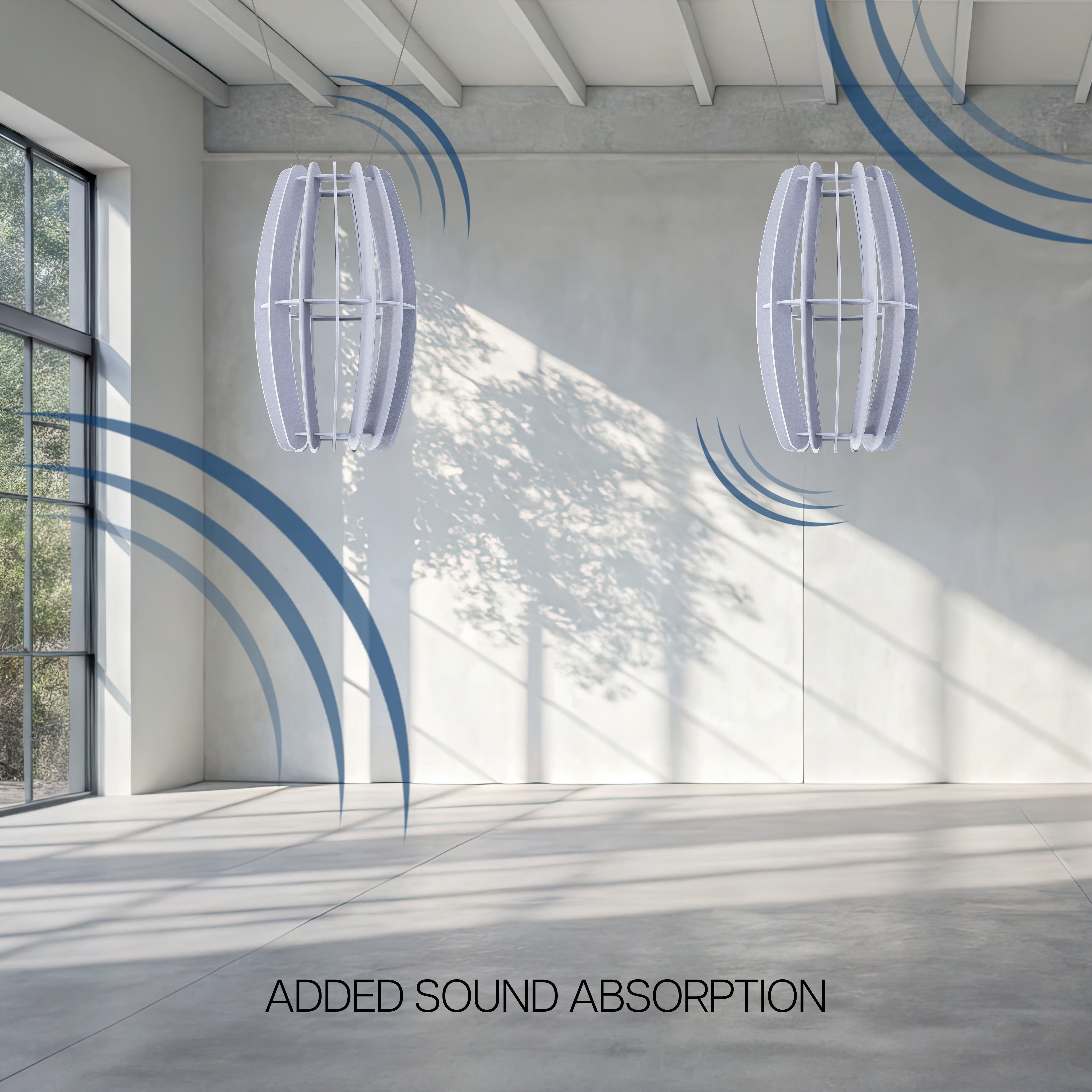 A large oval-shaped acoustic ceiling sound absorber in a light gray color, designed to be suspended from the ceiling.