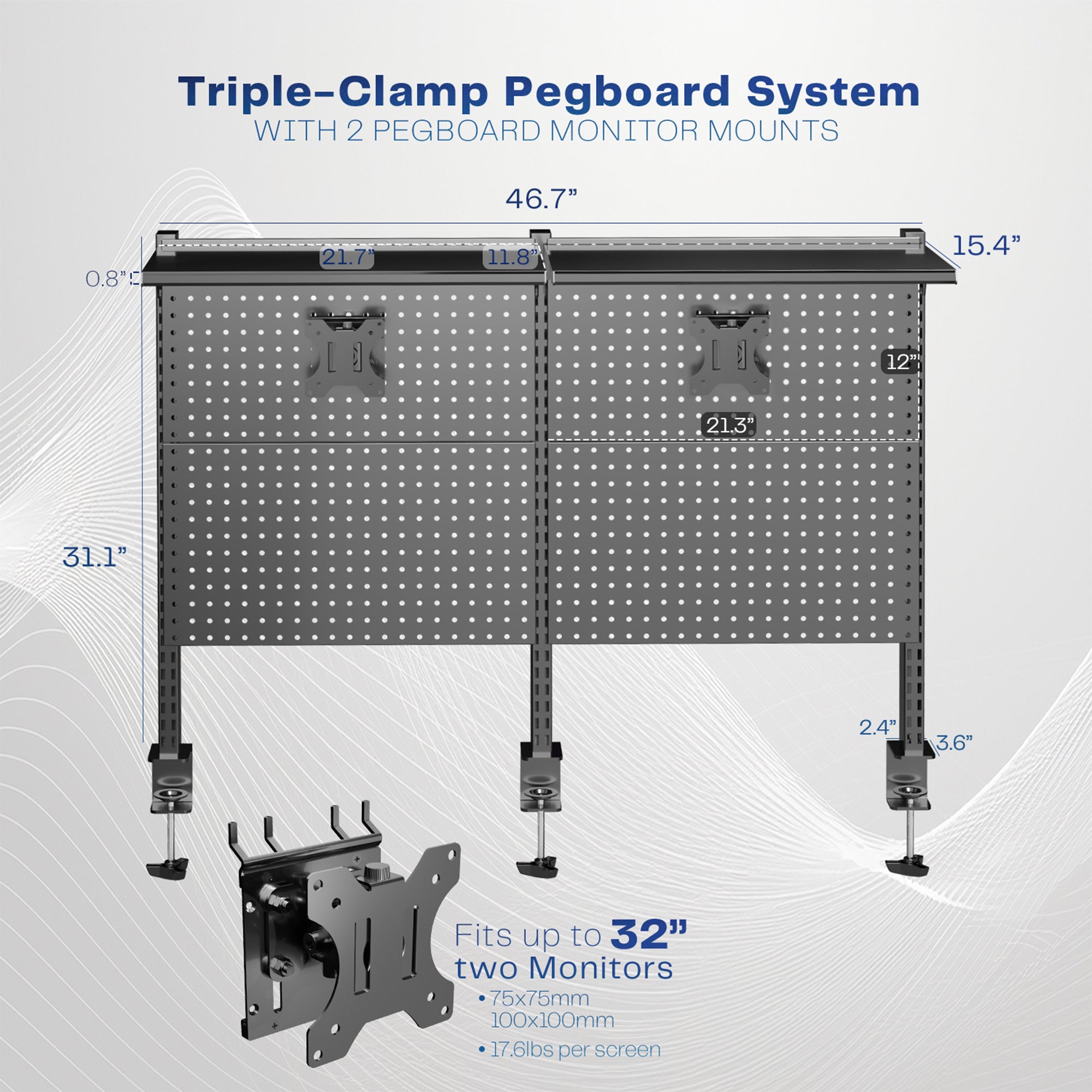 A black pegboard monitor mount and shelf with measurements on a white background.