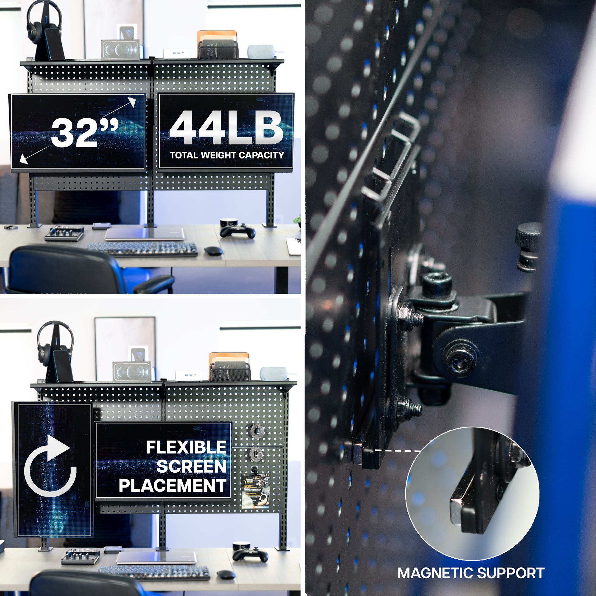 A black clamp-on pegboard monitor mount with a shelf, holding two flat-screen monitors, a speaker, and various desk accessories.