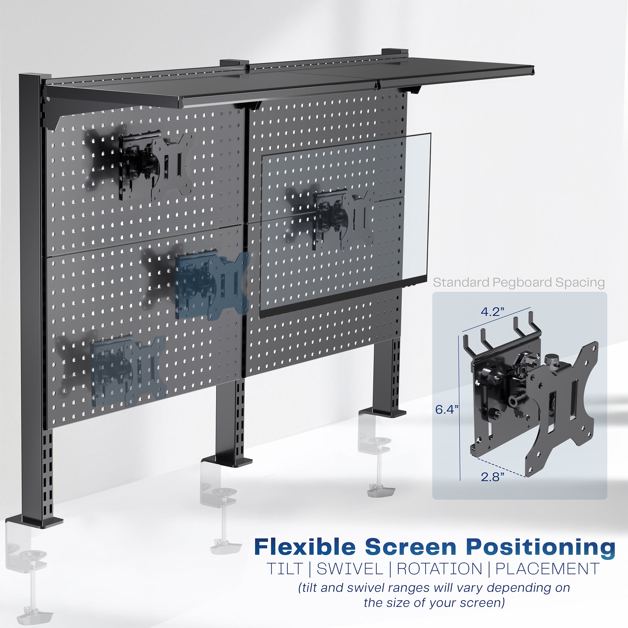 A black clamp-on pegboard monitor mount with a shelf, holding two flat-screen monitors, a speaker, and various desk accessories.