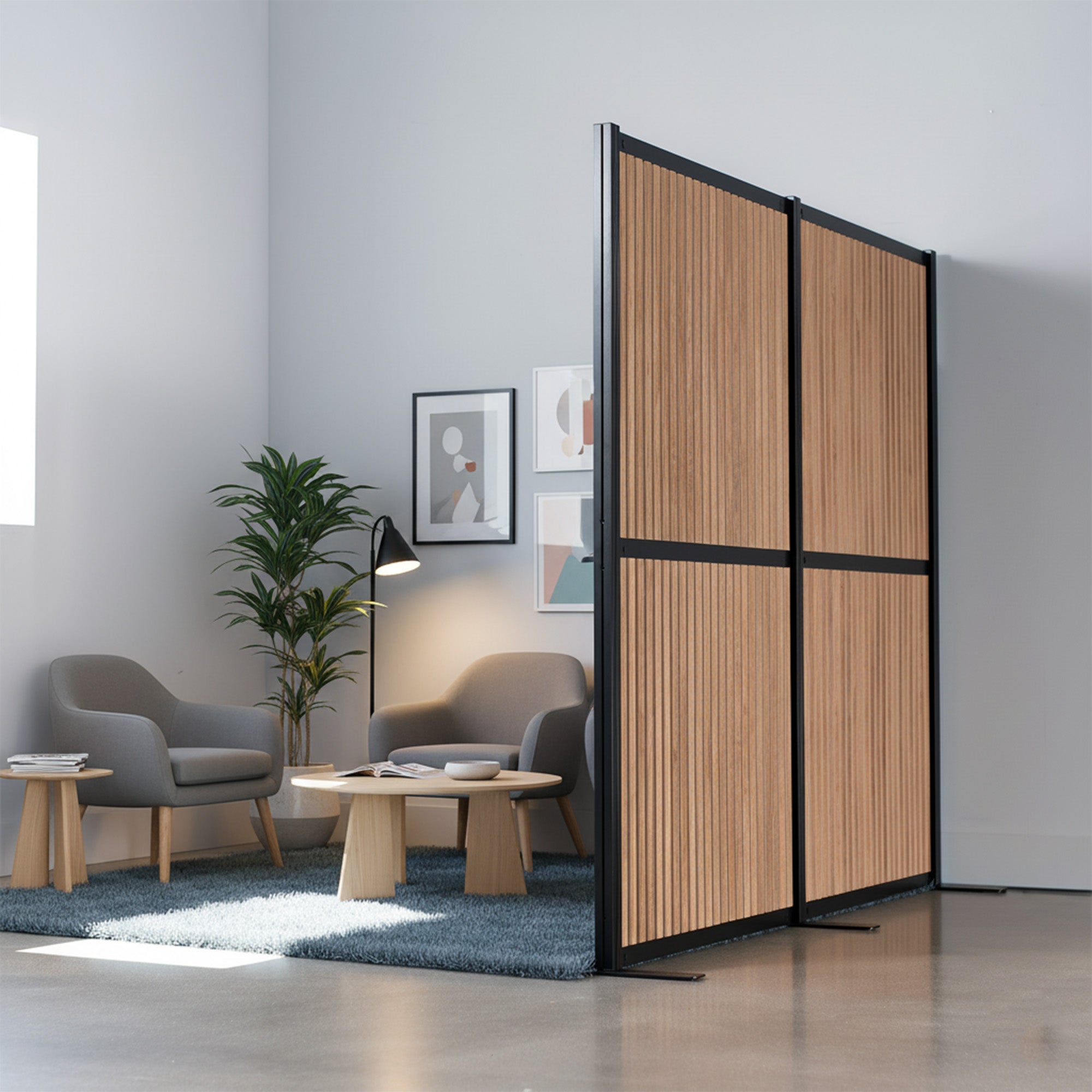 Wooden slat partition with black frame in a modern living room setting or waiting room space.