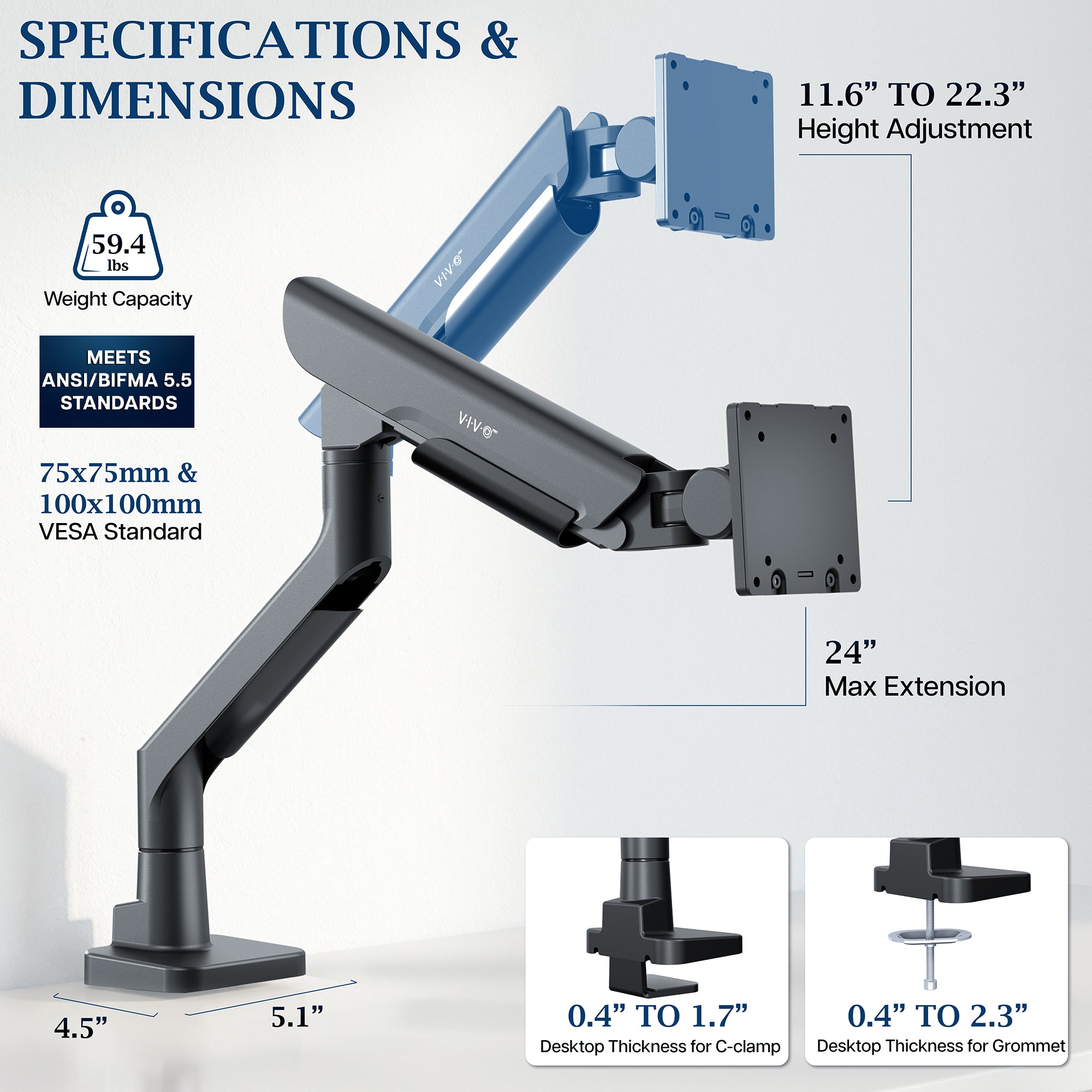 VIVO PRO Pneumatic Arm Single Ultrawide Monitor Desk Mount - Up to 57" Screens