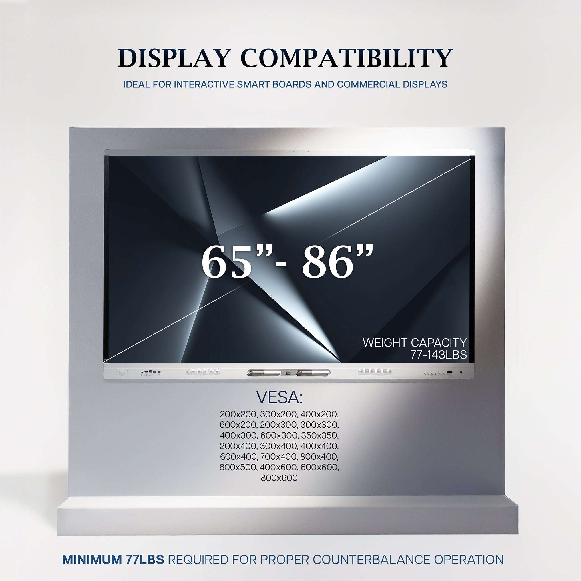 VIVO PRO 65”-86” inch Manual Height Adjustable TV and Interactive Display Wall Mount with Weight Balancing Design