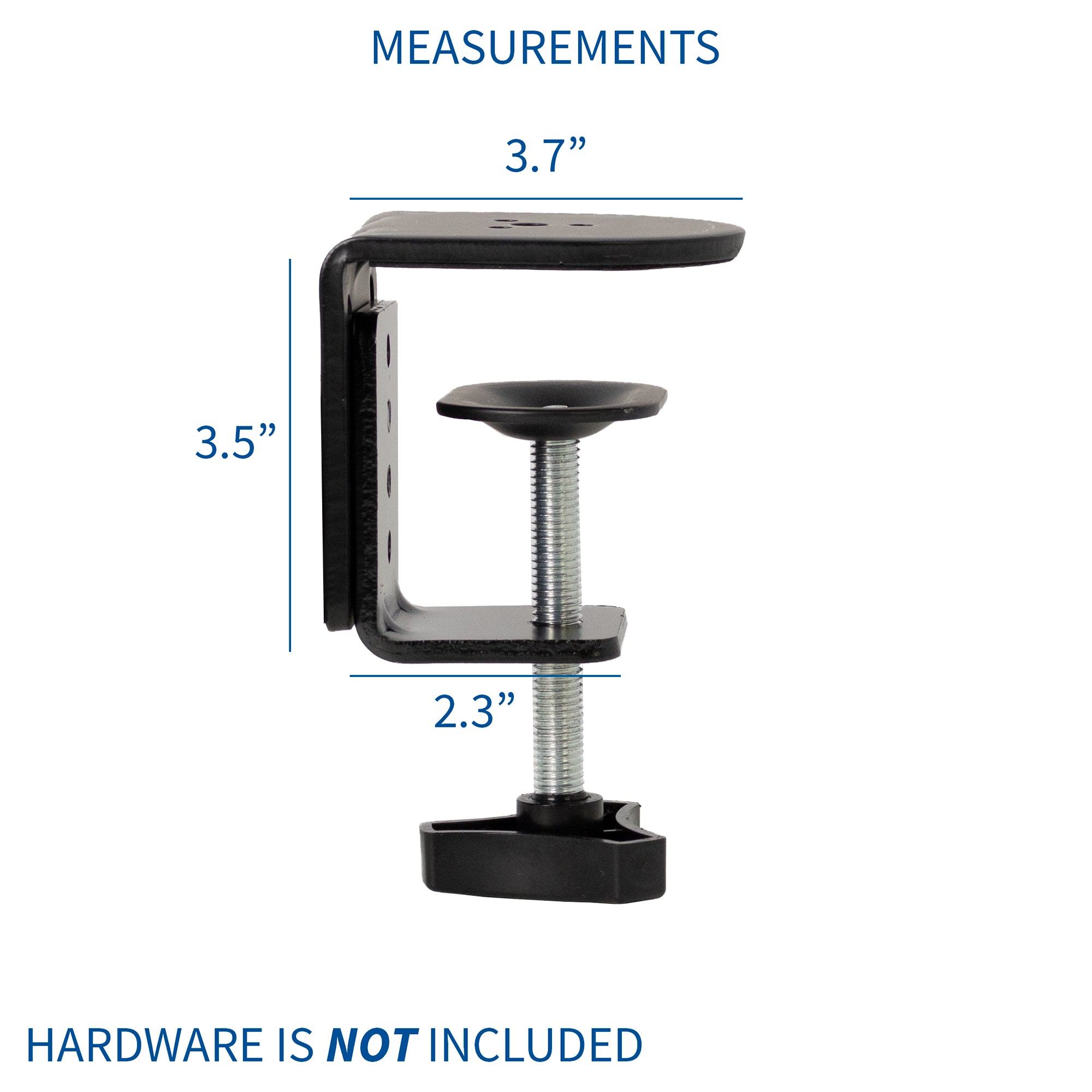 Measurements of a black metal clamp with dimensions labeled on a white background.
