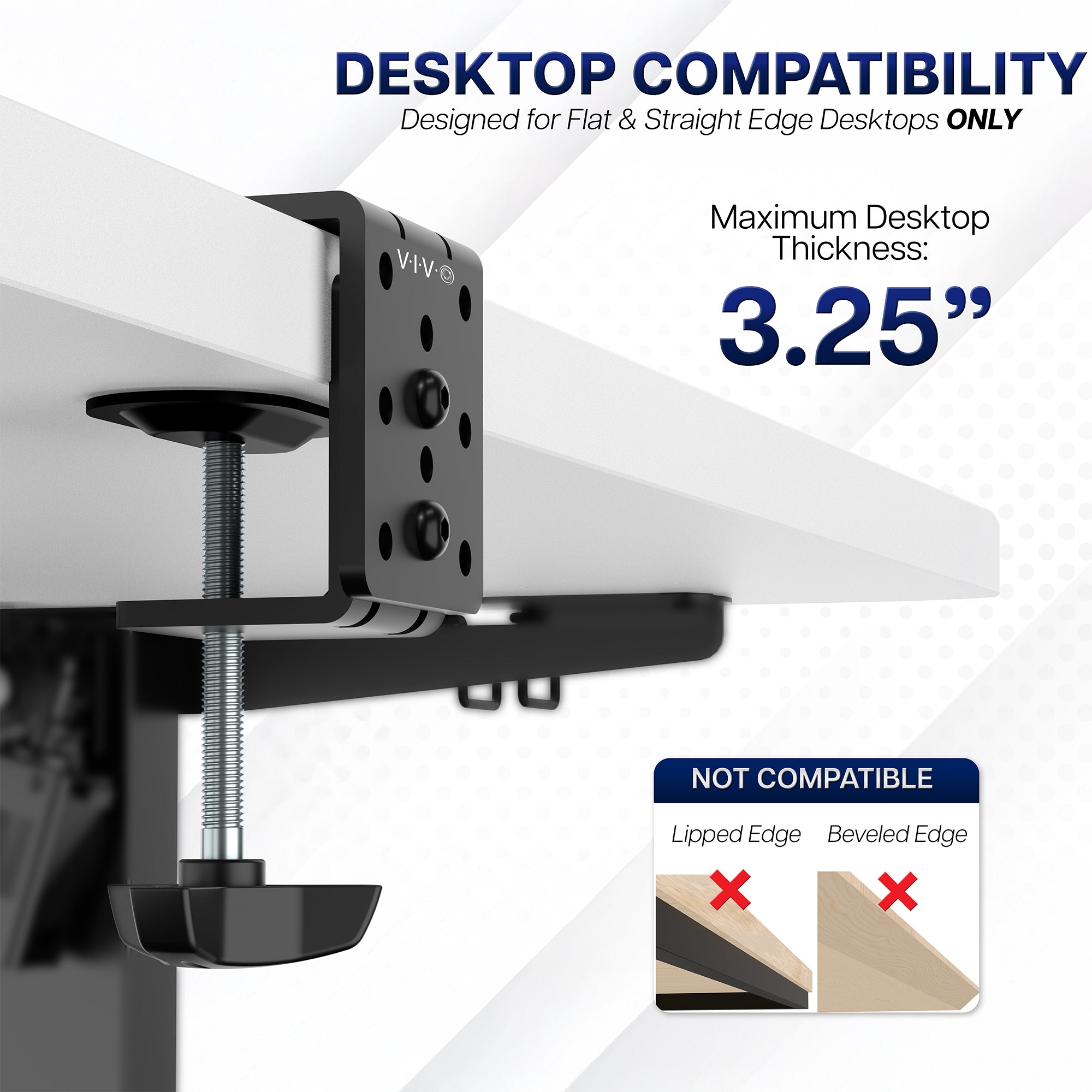 Black desk mount clamp with compatibility information on a white background