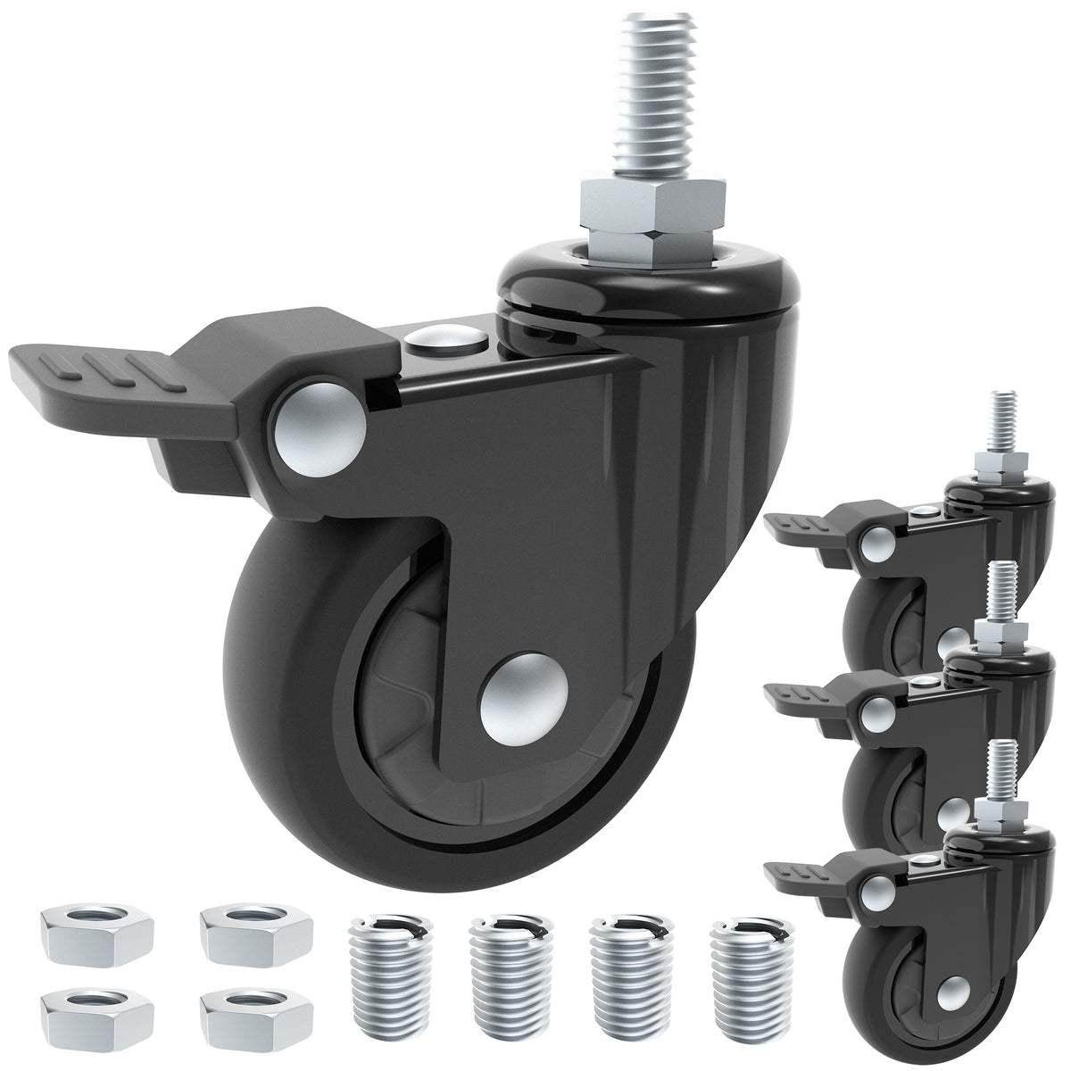 Black heavy-duty swivel caster wheel with a locking nut and threaded bolt, shown alongside three additional wheels and six silver metal nuts and bolts on a white background.