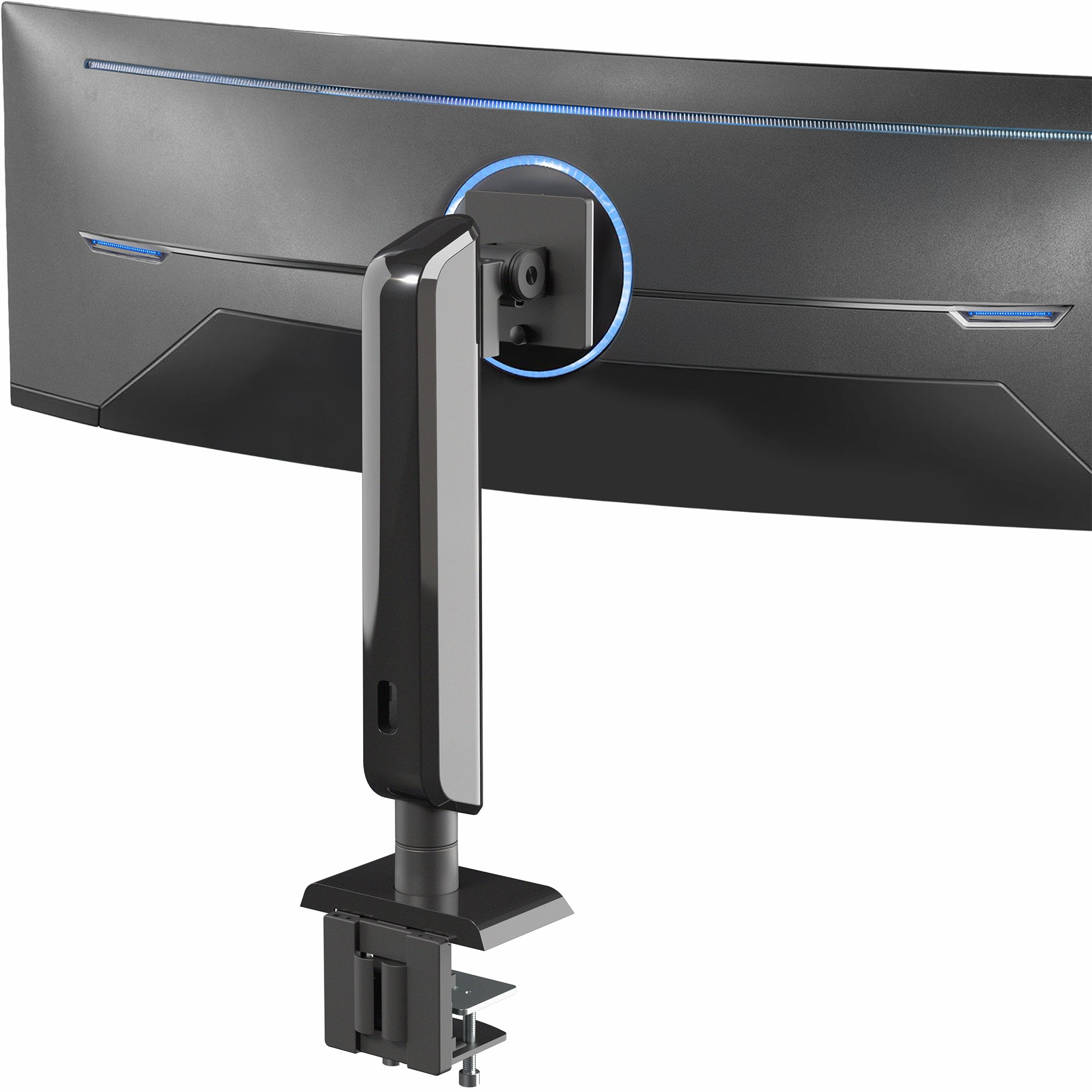 A single ultrawide monitor attached to a vertical lift single monitor desk mount, on a white background.