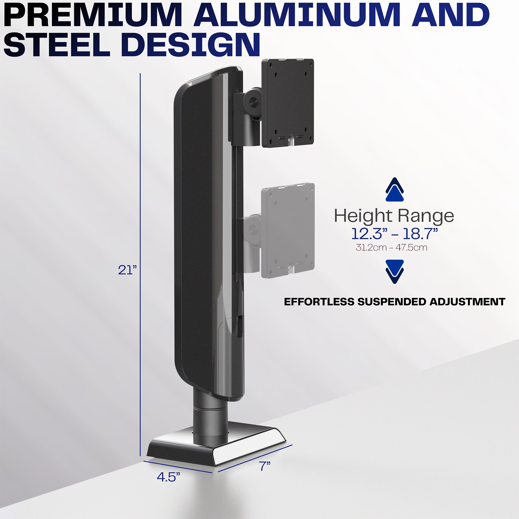 Adjustable mount with height range details on a white background