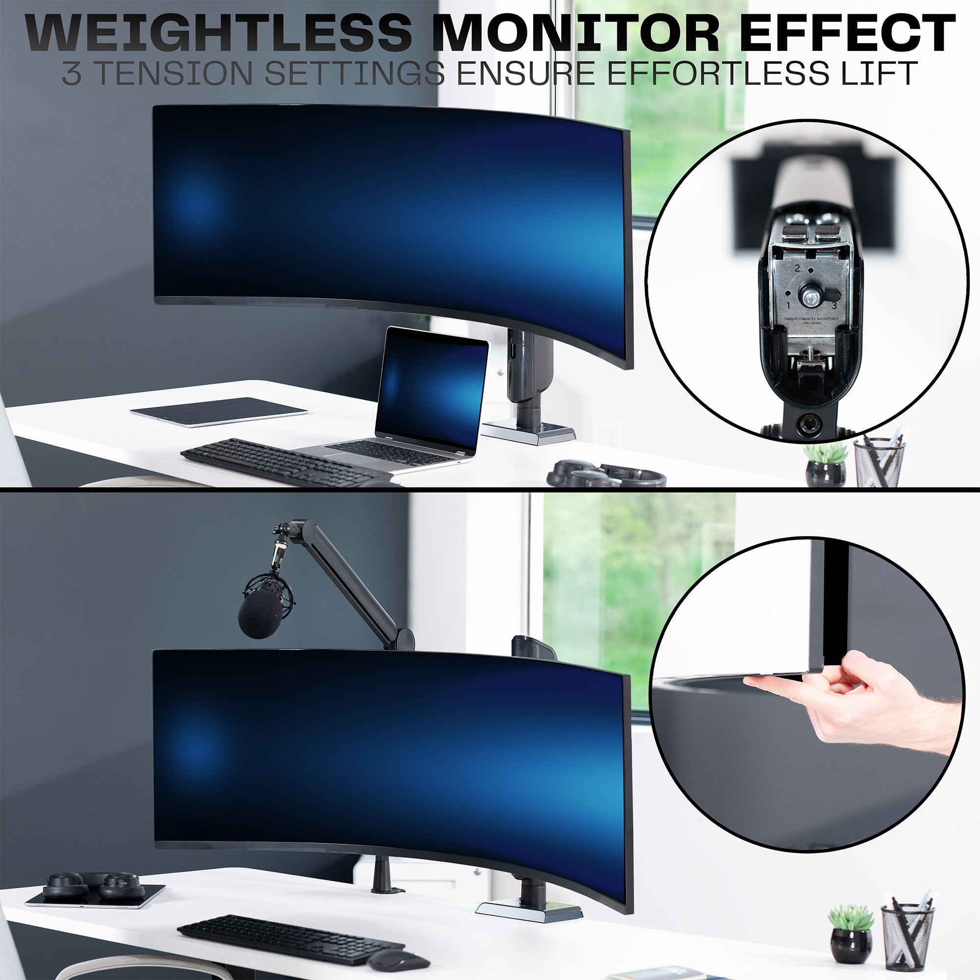 Monitor arm with weightless monitor effect and tension settings feature.