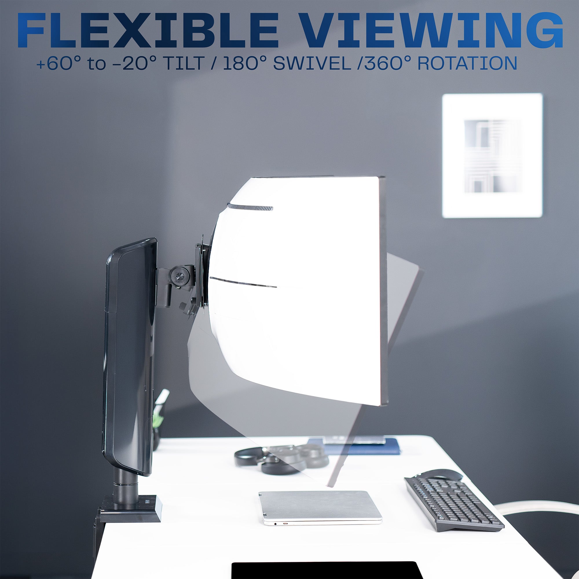 Flexible viewing monitor mount on a desk with tilt and swivel features highlighted.