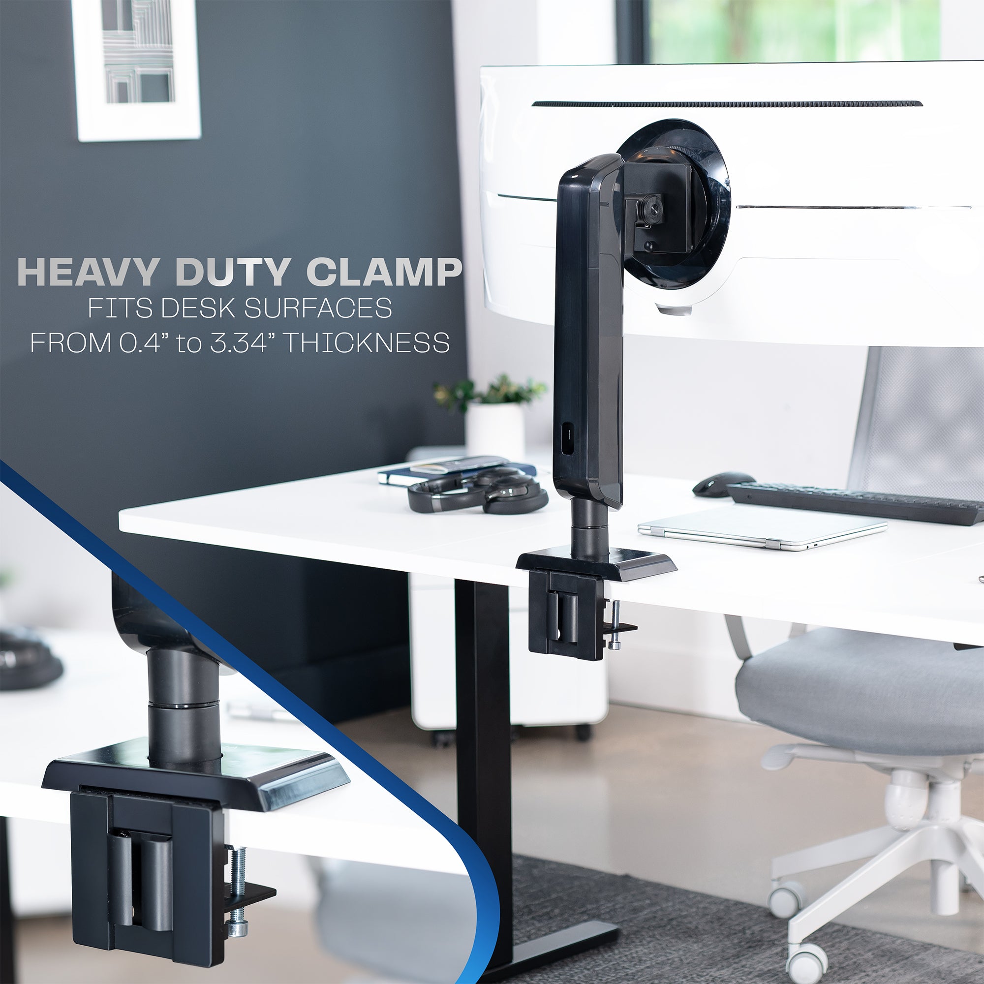 Heavy-duty clamp desk mount in a office setting