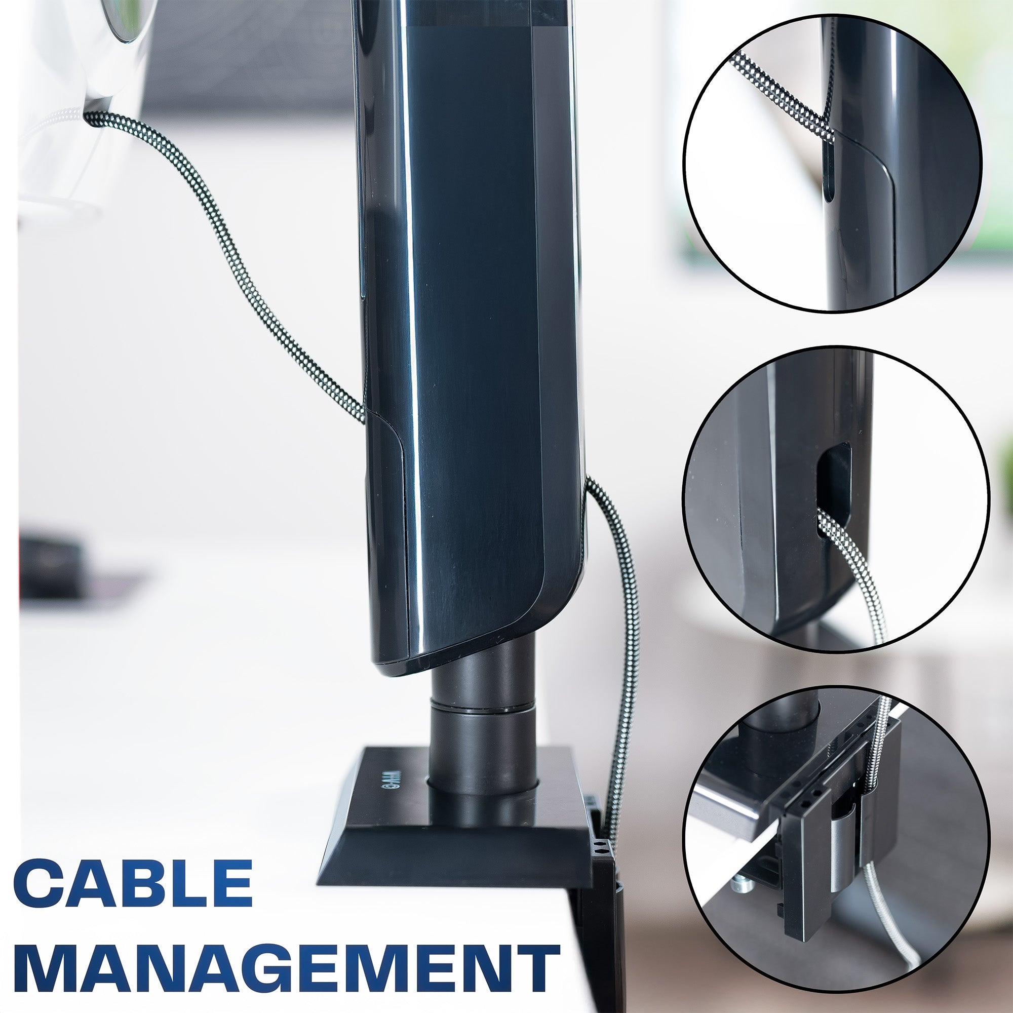 Cable management system attached to a monitor stand with close-ups of the design and functionality.