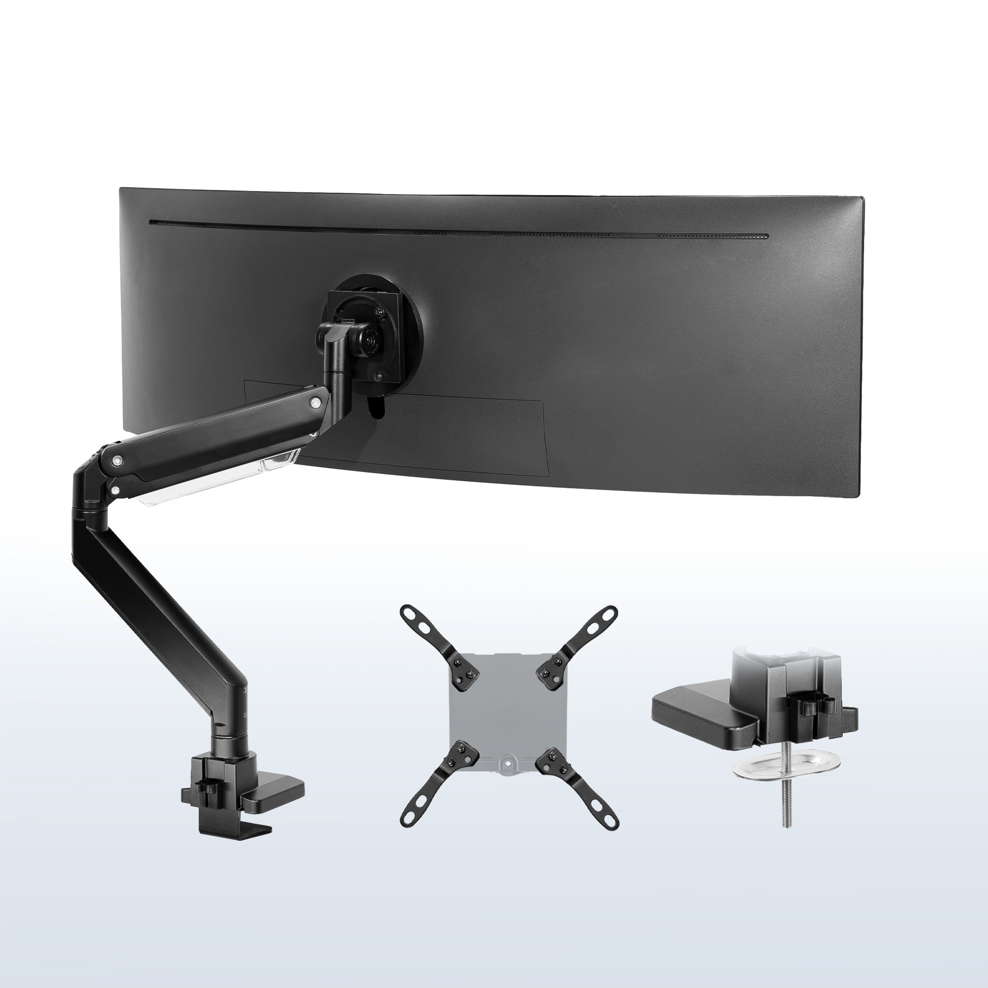 Pneumatic Spring TV and Monitor Desk Mount for curved and flat ultrawide screens.