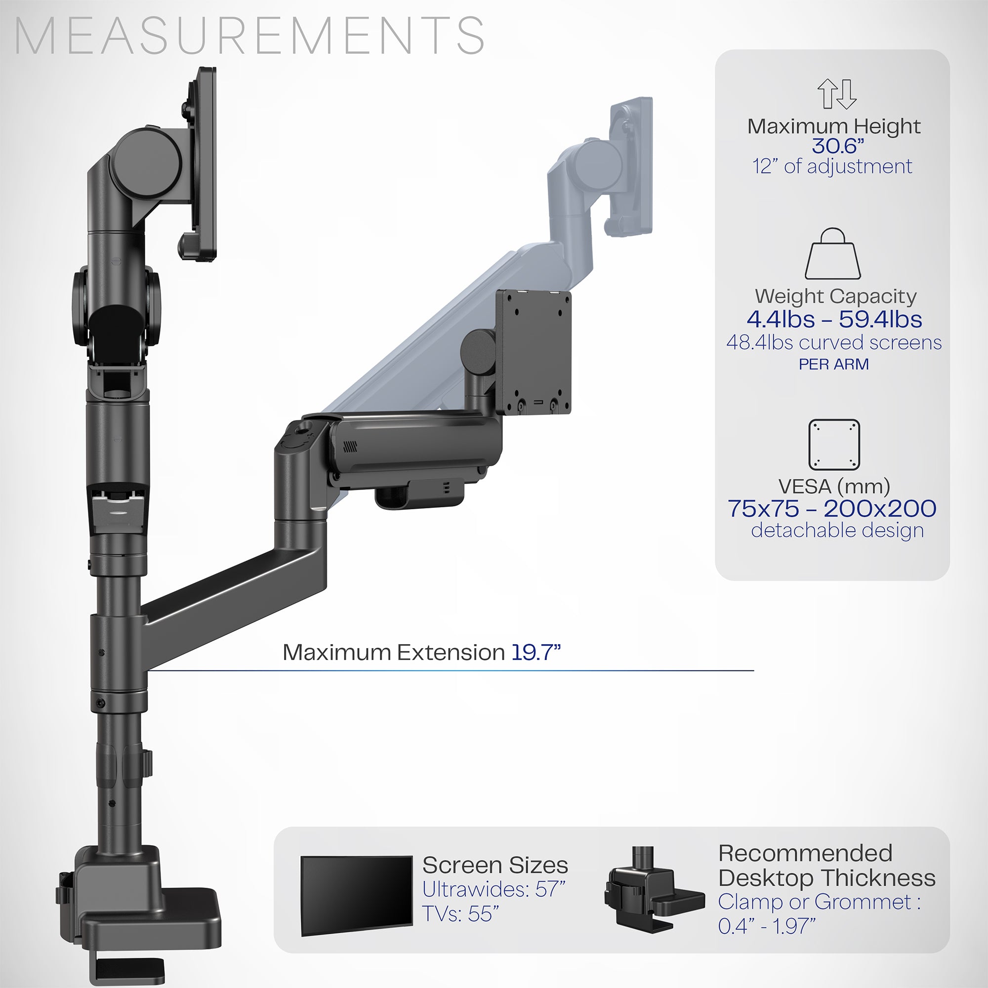A dual monitor desk mount with pneumatic arms.